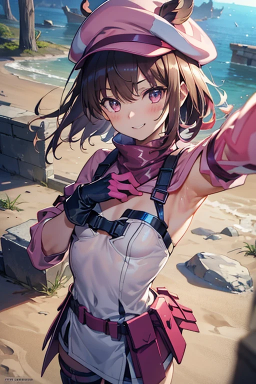 (from above:1.2),　Selfie, (clothes lift),　naughty smile,　blush,　clenched teeth,(upper body:1.2),   
Llenn,anime style,(( top quality )), ((masterpiece)),( Details), high definition ,Sharp focus, perfect face, beautiful eyes,{best illustration},(非常に Details CG unity 8k wallpaper),
((( vivid color))),(((shiny 肌,very shiny 肌, shiny body ))),(plastic glitter 肌),(exaggerated shiny 肌, illuminated ),
( perfect finger),(Five fingers),(complete anatomy),1 girl, , slim, small, (flat chest), Short Hair, light brown hair, female 
 Pink jacket, (pants) ,fur trim, gloves, (straps), Pink animal hat, knee pads, military boots,
(large number of empty cartridges are lying around),
sand漠,rubble,sandに埋もれた遺跡,Massive Stone Pillars , Weathered Stone Floors ,(sand丘,sand:1.2),Dust,Windy,sandstone, ruins, sandに埋もれた石壁,Shade,(Outdoor),


