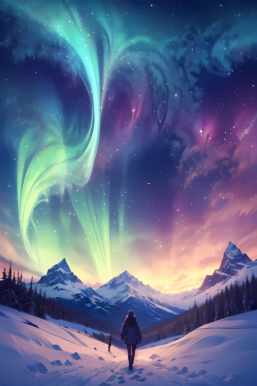 (((Best quality, 8k, Masterpiece: 1.3)), ((best quality)), ((masterpiece)), (detailed), perfect face, perfect body, (detailed skin:1.3), (intricate details), A 20-something French woman enjoying a trip to the Nordic regions, standing under a breathtaking aurora borealis in the night sky. She has shoulder-length dark hair and is wearing a stylish winter outfit, including a warm parka, scarf, and gloves, perfect for the chilly Arctic weather. The vibrant green and purple colors of the aurora illuminate the snow-covered landscape, creating a dreamlike and magical atmosphere. She looks upward in awe, her face softly lit by the shimmering lights. The scene includes a snowy expanse, distant mountains, and a small wooden cabin glowing faintly in the background, adding a cozy touch to the vast wilderness