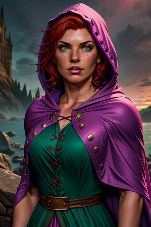  pink dress Sheila from Dungeons and Dragons,short red hair up to the shoulders , emerald green eyes,freckles on the face, purple hooded cloak, blue buttons , aqua band, hands on the hood, ,  hoodie over the head ,  stone wall background, hooded cape,  upper body, hyper-realistic,  cinematic lighting , 8k