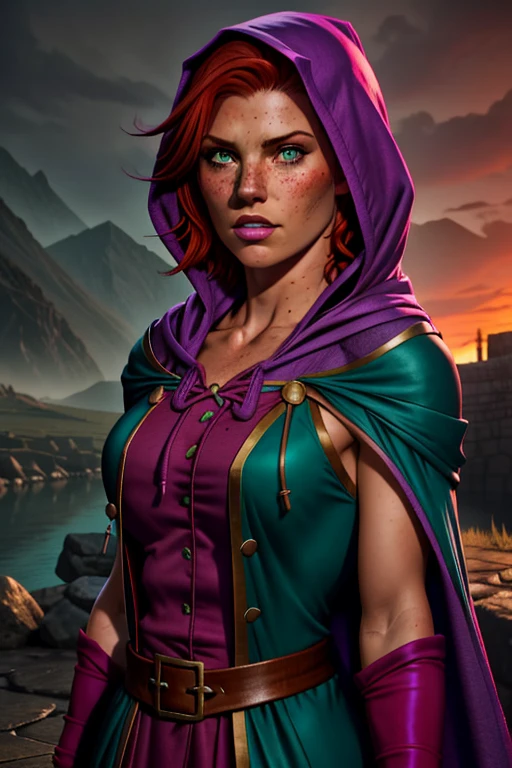  pink dress Sheila from Dungeons and Dragons,short red hair up to the shoulders , emerald green eyes,freckles on the face, purple hooded cloak, blue buttons , aqua band, hands on the hood, ,  hoodie over the head ,  stone wall background, hooded cape,  upper body, hyper-realistic,  cinematic lighting , 8k