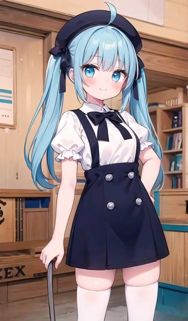 1girl, solo, masterpiece, best quality, good hands, blush, white thighhighs, smile, closed mouth, ahoge, blue eyes, cyan hair, long hair, twintails, hair bow, white shirt, black hat, white thighhighs, black hat, 0v3ralldr3ss, shirt, dress, bow, short sleeves, puffy sleeves, black dress, puffy short sleeves, buttons, double-breasted, pinafore dress, cowboy shot, collared shirt, cane