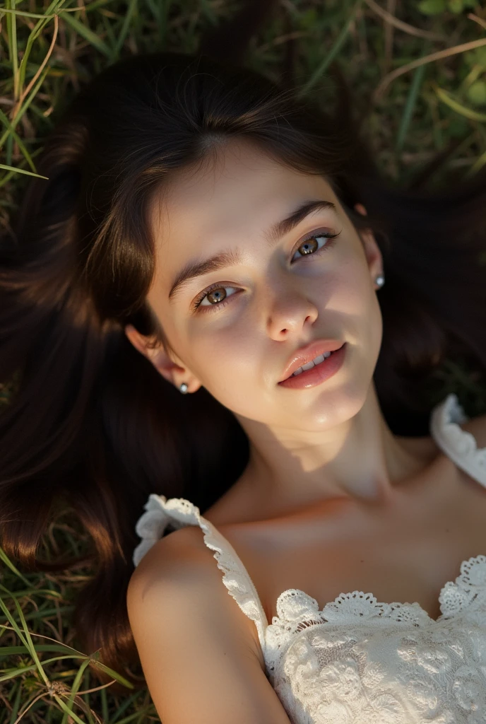 a young woman laying on her stomach on grass, beautiful detailed eyes,beautiful detailed lips,extremely detailed eyes and face,longeyelashes, lying on grass, in the gully, fading into the background, (best quality,4k,8k,highres,masterpiece:1.2),ultra-detailed,(realistic,photorealistic,photo-realistic:1.37),HDR,UHD,studio lighting,ultra-fine painting,sharp focus,physically-based rendering,extreme detail description,professional,vivid colors,bokeh,concept art,landscape,naturalistic,muted colors,warm lighting