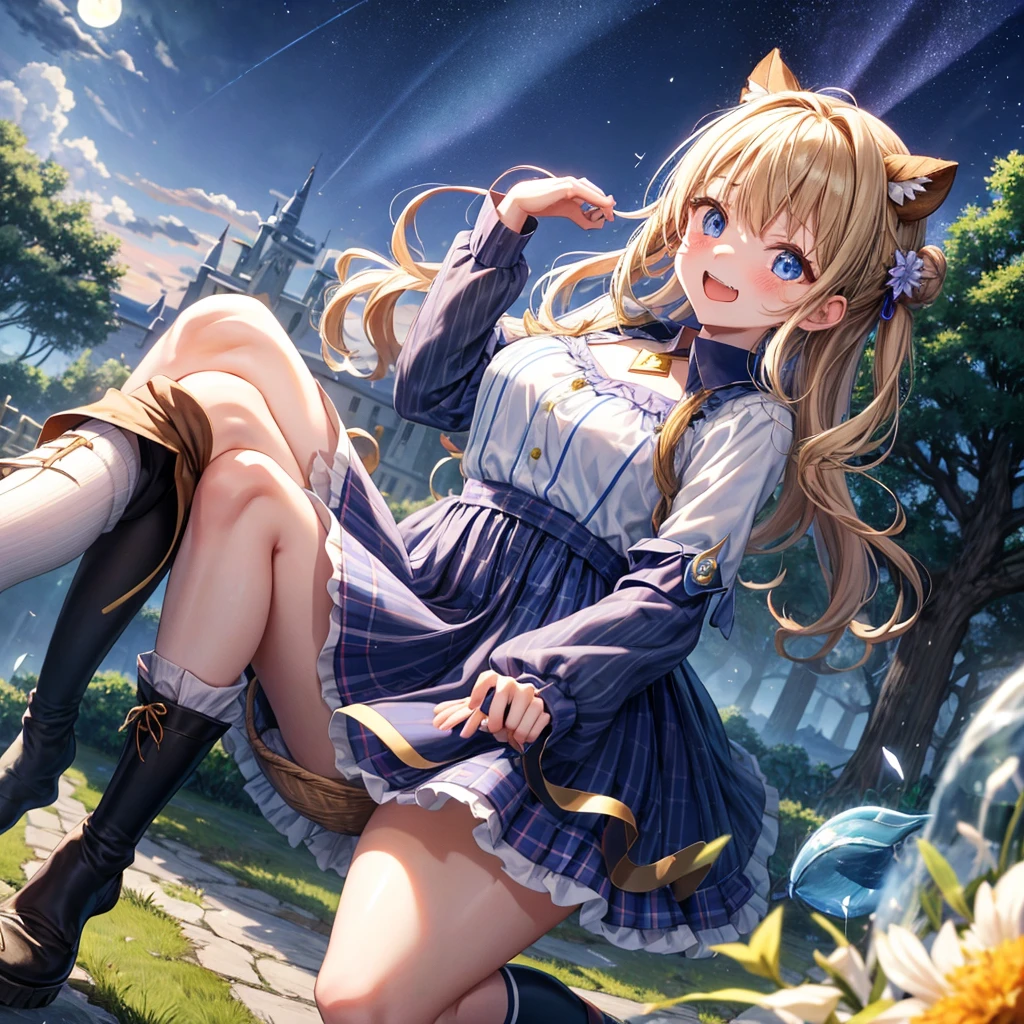 (Official art、Best Quality、Unity 8k Wallpapers、32K、masterpiece、ultra-detailliert、超A high resolution、The best illustrations、Very ridiculous:1.2), Goldie, dog ear, blonde hair, long hair, white dress, blush face, 23year old female, background under pale Moonlight, (Cinematic lighting:1.2)