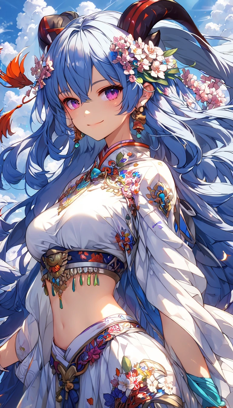 a girl wearing a colorful festival outfit, shorts, crop top, detailed face, beautiful detailed eyes, long eyelashes, detailed lips, smiling, outdoors, festival setting, vibrant colors, sunlight, warm lighting, (best quality,4k,8k,highres,masterpiece:1.2),ultra-detailed, highly detailed,intricate patterns,glitter,flowers,summer,festival,bright,  dramatic lighting, cinematic angle, dramatic pose, high-end fashion editorial, physically-based rendering, extreme detail description, vivid colors, oft focus, depth of field, atmospheric, ganyu, blue hair, goat horns, horns, long hair, purple eyes, sidelocks, big breasts, full body, whole body ,skin pores, score_9, score_8_up, score_7_up, (sfw), (cowboy shot, dutch angle:1.2), 1girl, solo, mature female, whole body shot ,1girl, solo, mature female, smiling, closed mouth ,1girl, solo, mature female, (negative_v2 Color_Balance_Calibration:0.8), Stable_Yogis_Animetoon_Negatives, negativeXL_D, aidxlv05_neg