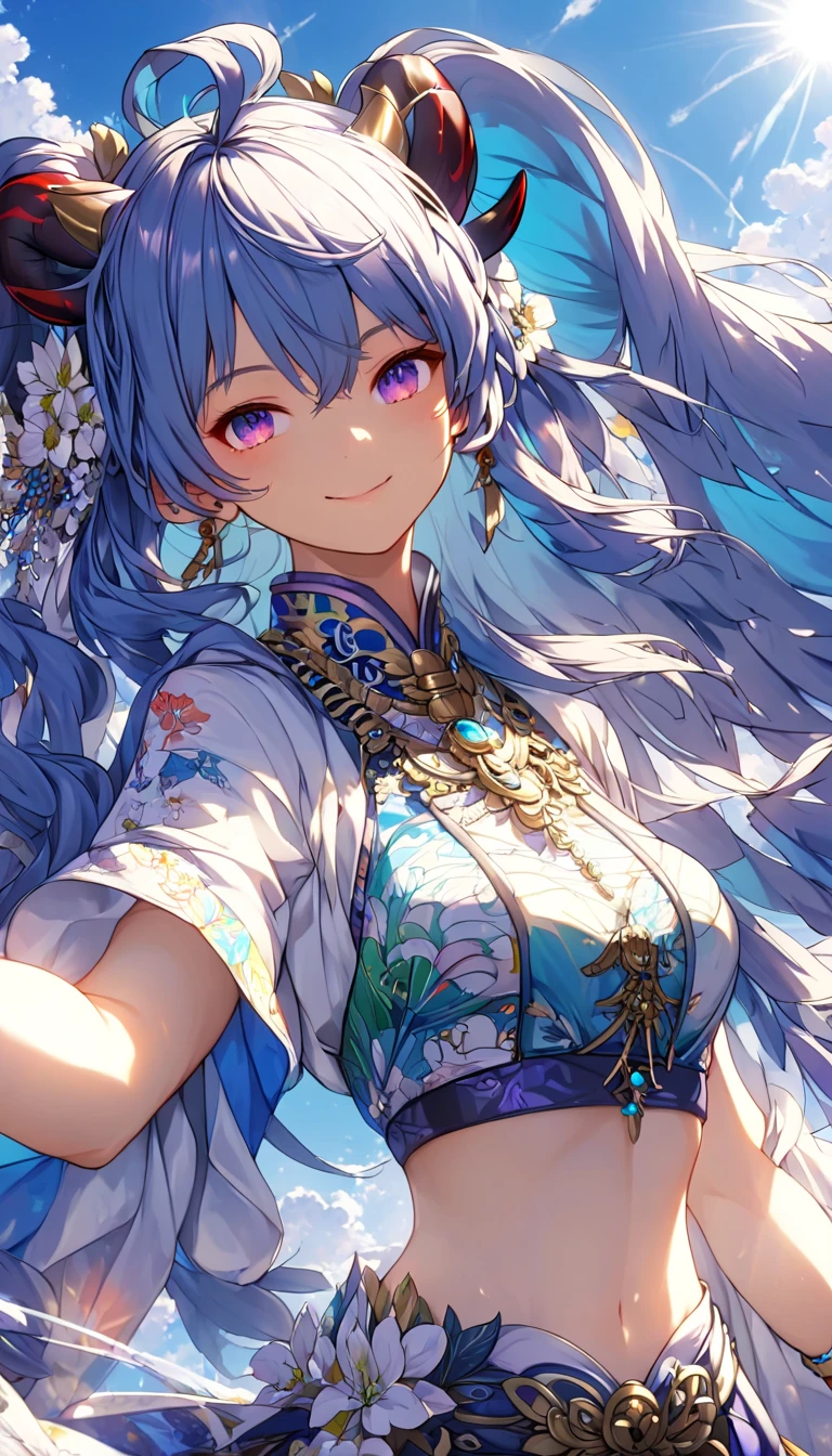 a girl wearing a colorful festival outfit, shorts, crop top, detailed face, beautiful detailed eyes, long eyelashes, detailed lips, smiling, outdoors, festival setting, vibrant colors, sunlight, warm lighting, (best quality,4k,8k,highres,masterpiece:1.2),ultra-detailed, highly detailed,intricate patterns,glitter,flowers,summer,festival,bright,  dramatic lighting, cinematic angle, dramatic pose, high-end fashion editorial, physically-based rendering, extreme detail description, vivid colors, oft focus, depth of field, atmospheric, ganyu, blue hair, goat horns, horns, long hair, purple eyes, sidelocks, big breasts, full body, whole body ,skin pores, score_9, score_8_up, score_7_up, (sfw), (cowboy shot, dutch angle:1.2), 1girl, solo, mature female, whole body shot ,1girl, solo, mature female, smiling, closed mouth ,1girl, solo, mature female, (negative_v2 Color_Balance_Calibration:0.8), Stable_Yogis_Animetoon_Negatives, negativeXL_D, aidxlv05_neg