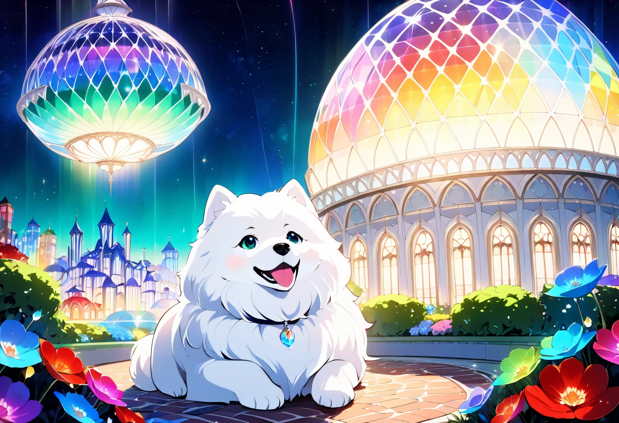 ((( domed roof in the foreground))),(((Soul Love ))),(( top quality ,masterpiece:1.5)),((Tartarian style )),((Beautiful night view with a brown dog )),((Emerald City )),(( Overall Bluish )),(Large colorful photons:1.5),( Splendid flowers in the foreground ),( pearl white ),( perfect anatomy),( ultra high quality),( detailed background),(Artwork),( shining flowers ),(Great harmony ),(The 々 creatures you depict are beautiful),Desaturated, rich color palette , beautiful fantastic lighting ,Beautiful waterside ,truth,joy,thank you,comfortable,fair,Elegance,Polite , true strength ,Full of vitality ,altruism,Beautiful,clean, soft,Here and now , Forget Time ,Unadorned ,fun,continuation,Samoyed,Coupon ,Red Brick