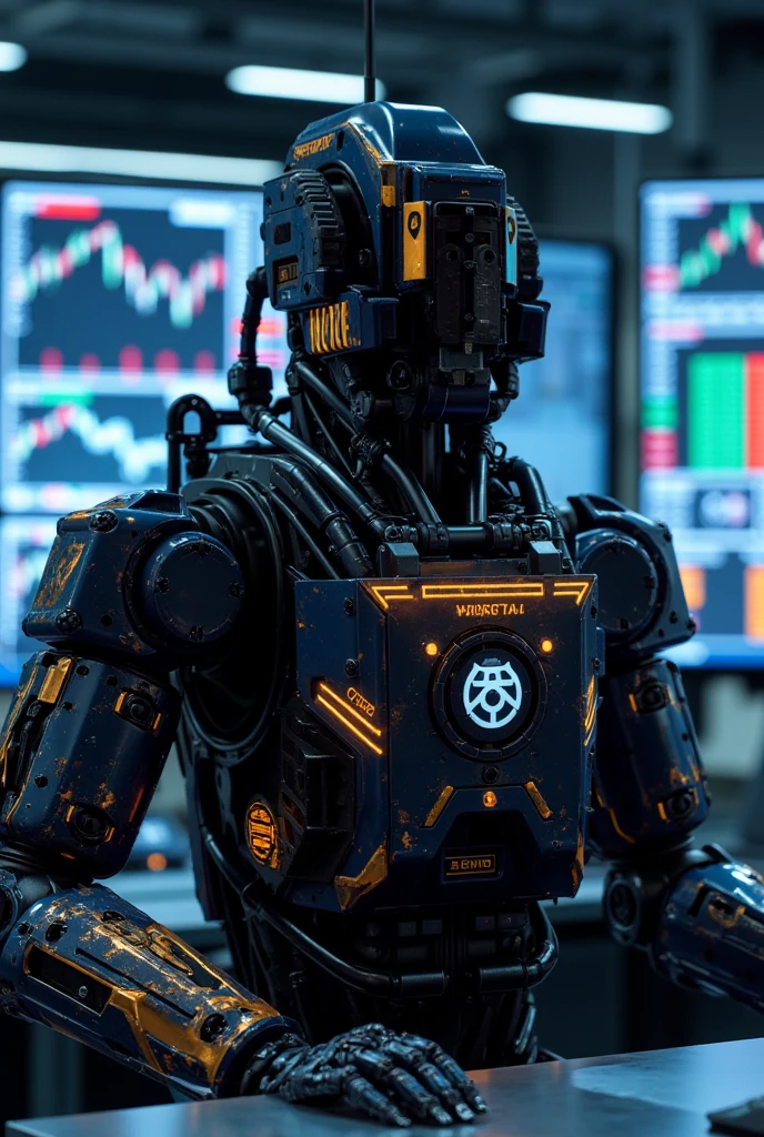 A highly detailed, photorealistic image of a trading bot character facing forward. The bot should have a sleek, futuristic design with advanced AI technology, complex circuitry, and glowing digital displays. The character should be depicted in a high-tech trading environment with multiple monitors displaying financial charts and data. The bot should have a confident and professional demeanor, with a focus on precision and efficiency. High quality, 8k resolution, hyper detailed, cinematic, facing forward