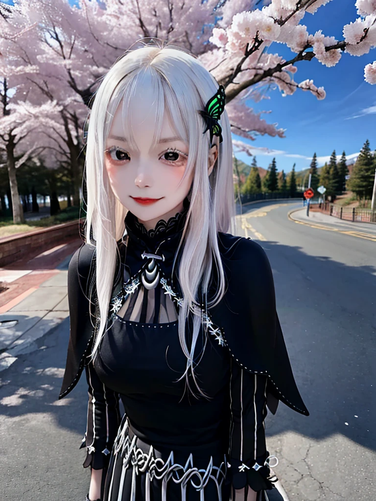 masterpiece,  top quality ,  high definition , ,  long hair, White Hair,  hair accessories ,  brown eyes, chest, The black capelet ,  long dress ,   black dress,  Long Sleeve ,  vertical stripes, smile,   open mouse ,  standing with different breasts ,  cowboy shot,  in,  bend your back,  outdoors on the street at night, cherry blossoms,  turn your arms around your back ,, realistic , masterpiece,  top quality , 最 high definition , 細部まinこだわった,  soft light during the cruise,  professional lighting,  backlight,  Film Grain,  The Background Is Blurry ,  Japanese  , ( subject was taken from an oblique view, The subject is not looking at the camera:1.3), ,  upper body photo,  looks sleepy, absent-minded,  grin ,  Open Your Mouth , Beautiful and detailed eye drawing, (Droopy eyes:1.3),  dark eyes,  thin eyebrows, Draw eyelashes carefully, Eyelash extensions,  gal makeup, Orange Cheeks, ( hidden eyelid crease slightly to the side:1.3), (Gothic Summer School Uniform:1.3), (Summer Forest:1.3)