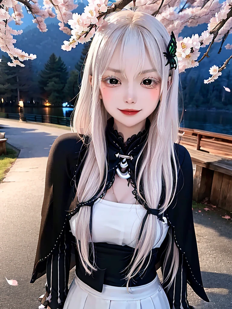 masterpiece,  top quality ,  high definition , ,  long hair, White Hair,  hair accessories ,  brown eyes, chest, The black capelet ,  long dress ,   black dress,  Long Sleeve ,  vertical stripes, smile,   open mouse ,  standing with different breasts ,  cowboy shot,  in,  bend your back,  outdoors on the street at night, cherry blossoms,  turn your arms around your back ,, realistic , masterpiece,  top quality , 最 high definition , 細部まinこだわった,  soft light during the cruise,  professional lighting,  backlight,  Film Grain,  The Background Is Blurry ,  Japanese  , ( subject was taken from an oblique view, The subject is not looking at the camera:1.3), ,  upper body photo,  looks sleepy, absent-minded,  grin ,  Open Your Mouth , Beautiful and detailed eye drawing, (Droopy eyes:1.3),  dark eyes,  thin eyebrows, Draw eyelashes carefully, Eyelash extensions,  gal makeup, Orange Cheeks, ( hidden eyelid crease slightly to the side:1.3), (Gothic Summer School Uniform:1.3), (Summer Forest:1.3)