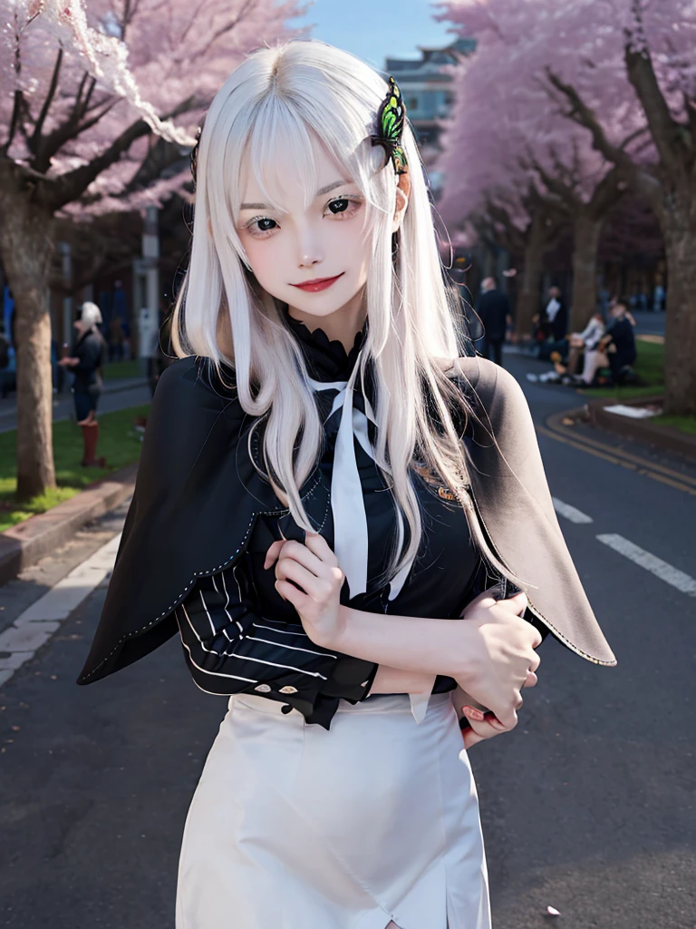 masterpiece,  top quality ,  high definition , ,  long hair, White Hair,  hair accessories ,  brown eyes, chest, The black capelet ,  long dress ,   black dress,  Long Sleeve ,  vertical stripes, smile,   open mouse ,  standing with different breasts ,  cowboy shot,  in,  bend your back,  outdoors on the street at night, cherry blossoms,  turn your arms around your back ,, realistic , masterpiece,  top quality , 最 high definition , 細部まinこだわった,  soft light during the cruise,  professional lighting,  backlight,  Film Grain,  The Background Is Blurry ,  Japanese  , ( subject was taken from an oblique view, The subject is not looking at the camera:1.3), ,  upper body photo,  looks sleepy, absent-minded,  grin ,  Open Your Mouth , Beautiful and detailed eye drawing, (Droopy eyes:1.3),  dark eyes,  thin eyebrows, Draw eyelashes carefully, Eyelash extensions,  gal makeup, Orange Cheeks, ( hidden eyelid crease slightly to the side:1.3), (Gothic Summer School Uniform:1.3), (Summer Forest:1.3)