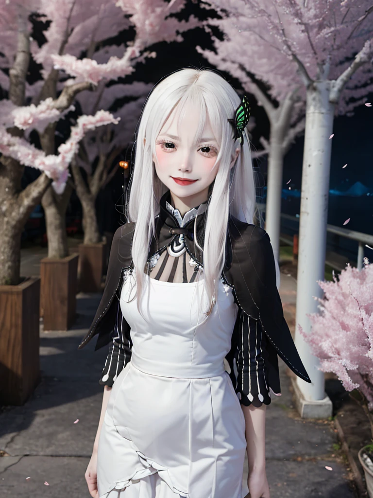 masterpiece,  top quality ,  high definition , ,  long hair, White Hair,  hair accessories ,  brown eyes, chest, The black capelet ,  long dress ,   black dress,  Long Sleeve ,  vertical stripes, smile,   open mouse ,  standing with different breasts ,  cowboy shot,  in,  bend your back,  outdoors on the street at night, cherry blossoms,  turn your arms around your back ,, realistic , masterpiece,  top quality , 最 high definition , 細部まinこだわった,  soft light during the cruise,  professional lighting,  backlight,  Film Grain,  The Background Is Blurry ,  Japanese  , ( subject was taken from an oblique view, The subject is not looking at the camera:1.3), ,  upper body photo,  looks sleepy, absent-minded,  grin ,  Open Your Mouth , Beautiful and detailed eye drawing, (Droopy eyes:1.3),  dark eyes,  thin eyebrows, Draw eyelashes carefully, Eyelash extensions,  gal makeup, Orange Cheeks, ( hidden eyelid crease slightly to the side:1.3), (Gothic Summer School Uniform:1.3), (Summer Forest:1.3)