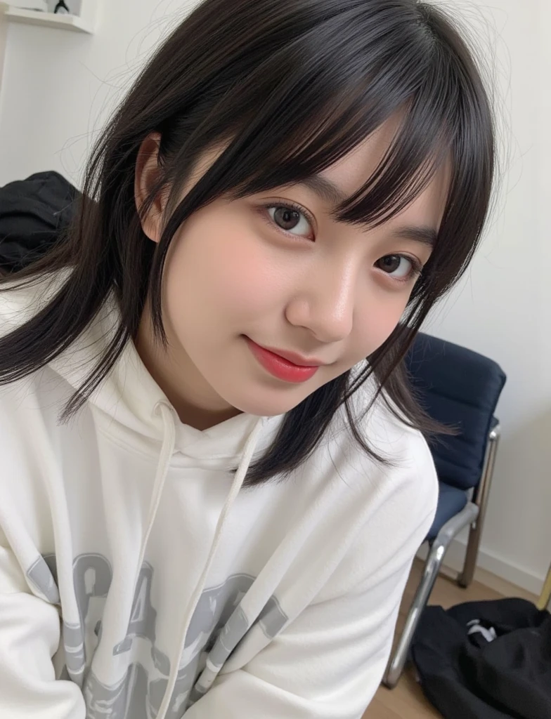 highest quality, Realistic, Very detailed, Finer details, High resolution, 8k wallpaper, One beautiful woman Standing in the house:1.3(white wall background), smile, Oversized hoodie, Skinny jeans, Black Hair, Beautiful Bangs, Perfect dynamic composition, Beautiful and detailed, A big smile waiting to start. Selfie shot.