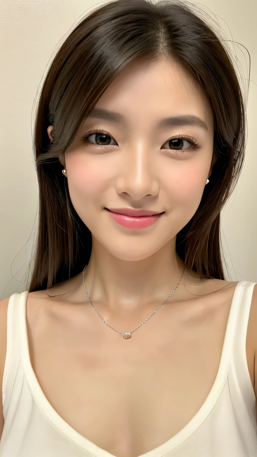 (A hyper-realistic), (illustratio), (hight resolution), (8K), (ighly detailed), (The best illustrations), (beatiful detailed eyes), (top-quality), (ultra-detailliert), (masterpiece), (wall-paper), (详细的脸), a bed、Upper body close-up,Armpit, A smile,Plump,独奏,Girl in white tank top with open chest, full of sweat, japanes, large full breasts, (camel's toe)、huge-breasted、Detailed, well-groomed white teeth、Ultimate Beauty、shot on the Canon EOS R 6、full of sweat、(beautiful detailed teeth)、Silver necklace、Park with sunshine、Perfect and beautiful female hands、Perfect tooth alignment、Perfect fingers、Light makeup、