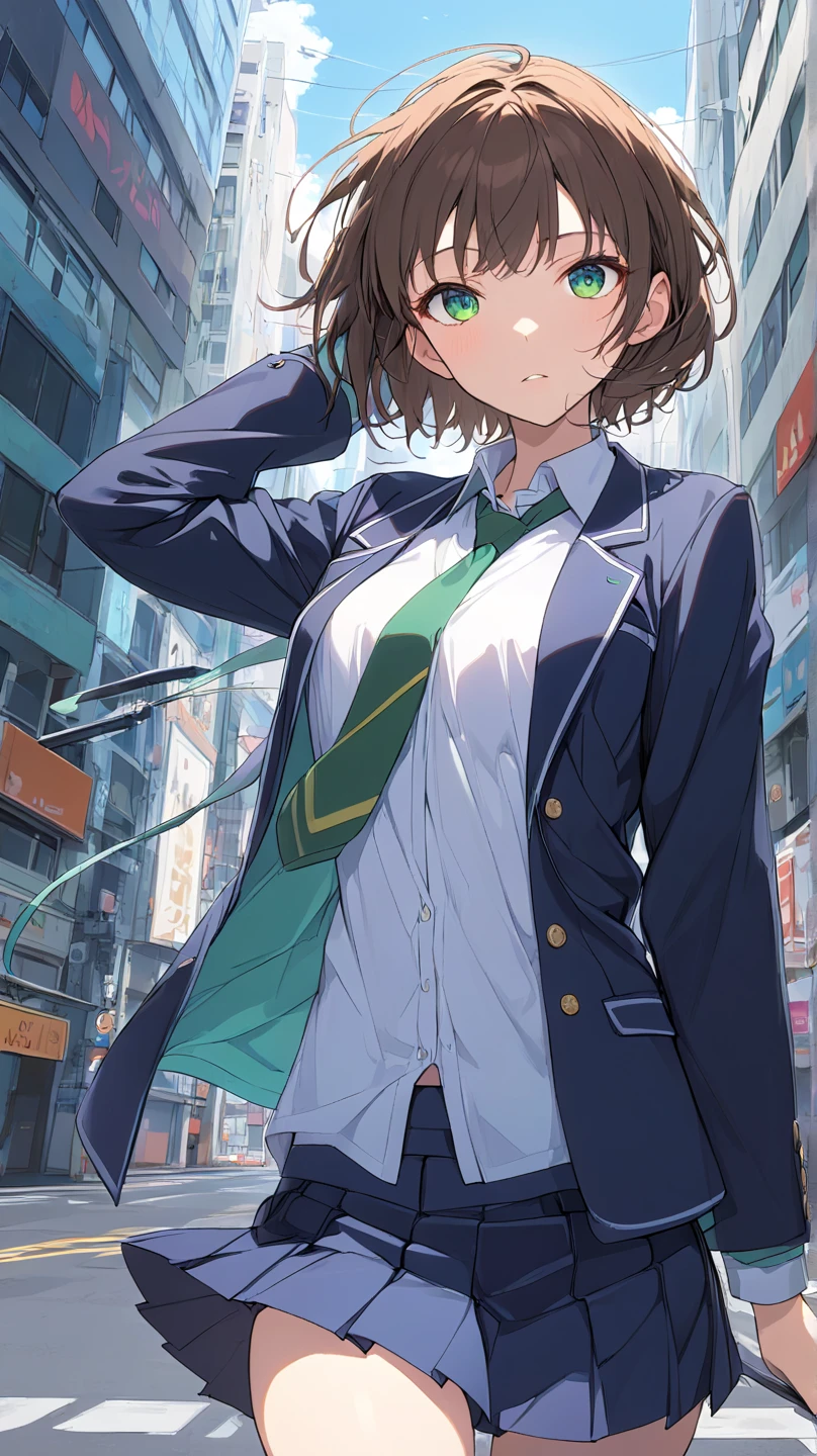  High Quality , 最 High Quality , masterpiece,  high definition ,
In the city,
((1 girl,Alone, yag,Front View, girl,))
,Brown Hair,  green eyes,  short hair,  jacket,  skirt,  shirt,  Long Sleeve ,  school uniform,  jacket, white  shirt, pleated  skirt,  ties, collared  shirt, mini skirt, blue  skirt,  blazer, blue  jacket, green  ties, 
