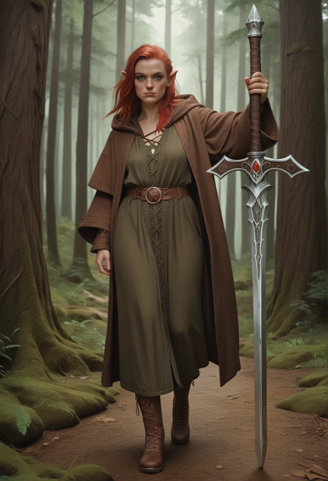 fantasy, half elf woman, 30 years age, long spiky red hair, green eyes, almond shaped face, brown robe, brown boots, brown hood, greatsword, forest, full body, complete figure, orc hand on head, realistic comic painting