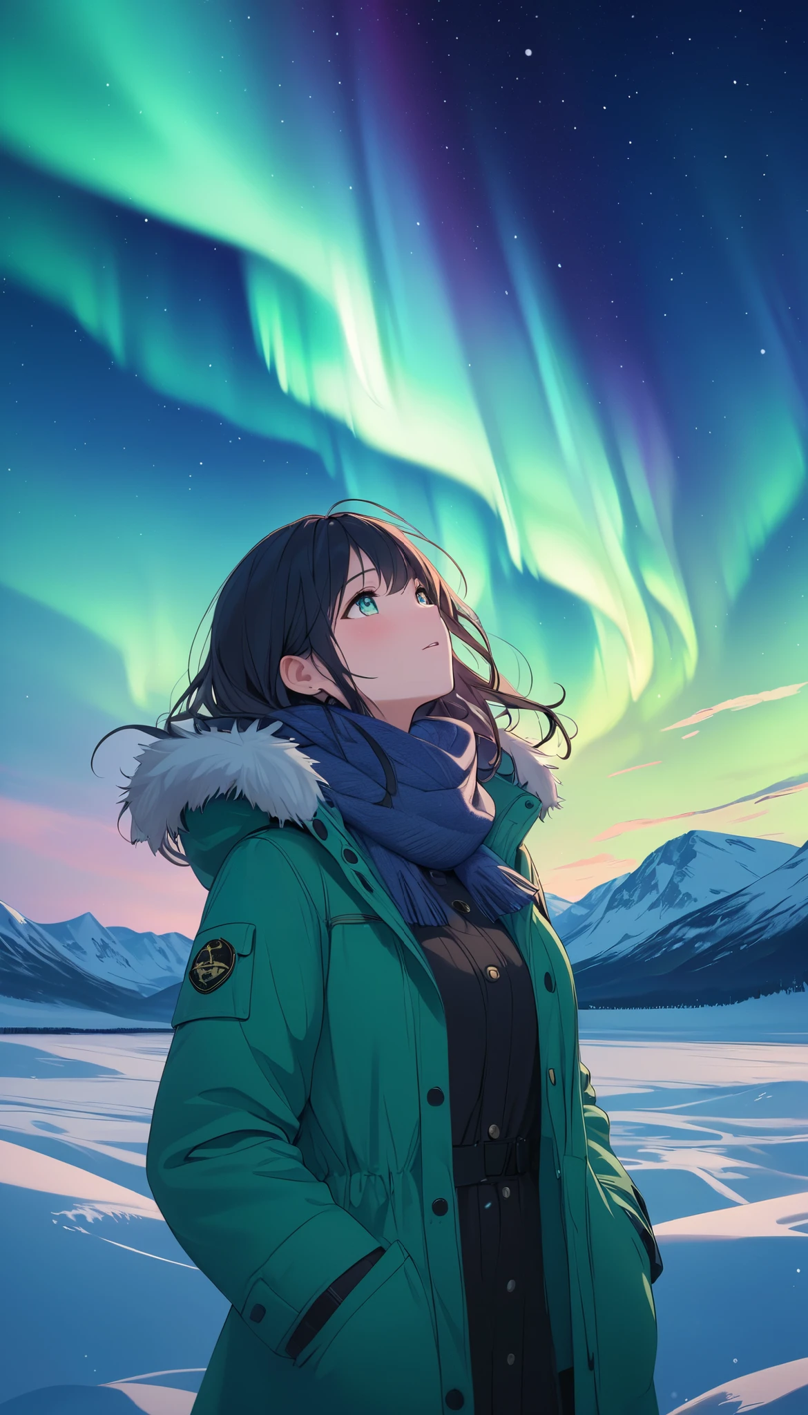 (((Best quality, 8k, Masterpiece: 1.3)), ((best quality)), ((masterpiece)), (detailed), perfect face, perfect body, (detailed skin:1.3), (intricate details), A 20-something French woman enjoying a trip to the Nordic regions, standing under a breathtaking aurora borealis in the night sky. She has shoulder-length dark hair and is wearing a stylish winter outfit, including a warm parka, scarf, and gloves, perfect for the chilly Arctic weather. The vibrant green and purple colors of the aurora illuminate the snow-covered landscape, creating a dreamlike and magical atmosphere. She looks upward in awe, her face softly lit by the shimmering lights. The scene includes a snowy expanse, distant mountains, and a small wooden cabin glowing faintly in the background, adding a cozy touch to the vast wilderness