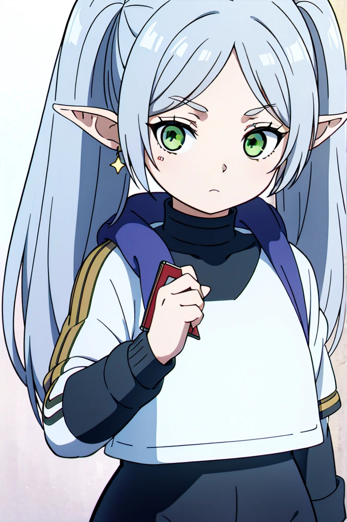 masterpiece,  illustrations,  top quality , 8k,  1 girl, Alone, Frielen,  long hair,  Twin Tails , ( green eyes:1.2),  gray hair,  holding a star , Elf, Serious,  calm attitude, Expressionless, medium breasts,  sportswear ,  sports top ,  shorts, (one-legged tights ),  jacket, big  jacket, Thighs,  ((close-up)),  upper body