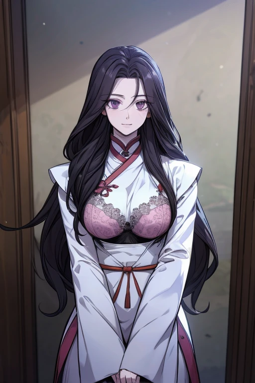 yoo iseol, black hair, long hair, pale violet eyes, Masterpiece, best quality, very detailed, Ultra high resolution, (photorealistic:1.4), 1 girl, alone, long hair,,8k hdr, 1 girl, medium-large breast, bright eyes, , big breasts,Spread your legs,have ,(pink lace bra) ,In the chinese room, sexy、 beautiful body 、Cowboy Shot,masterpiece、A kind smile、