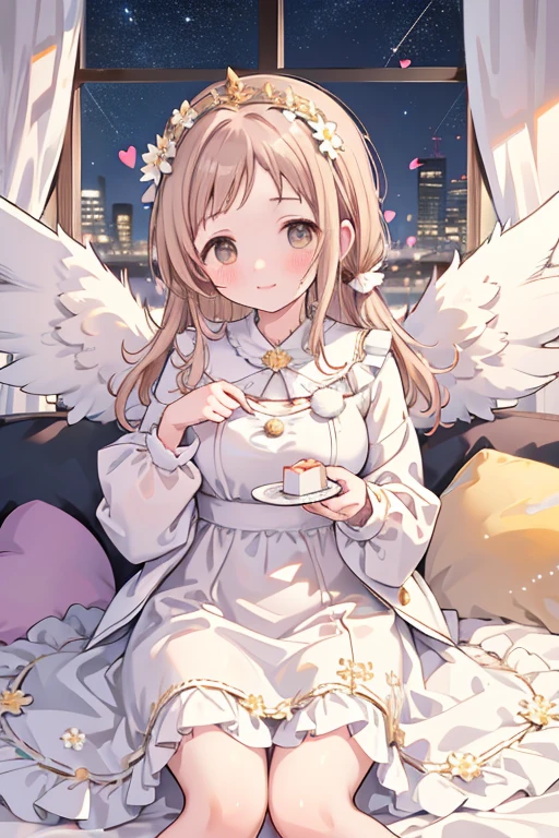 Sakuragi Mano, ((Mega Breasts)),　　(((Starry Sky))), Absolute territory,　　smile, 　(Midnight), Fluffy,　(Healing), Frills, ((a little white pigeon)), ((feathers)),　brooch, medium hair, best quality, masterpiece, blush, pigeon's blood ruby accessory, light brown hair, 　outside curling hairstyle, side fringe, (forehead : 1.28), left-right symmetry fashion,　Xmas, ((Xmas tree in the room)), ((((white shift dress)))), completely white fashion, ((angel)),　long sleeves, winter, snow, light brown hair, light brown eyes, 　living room, Xmas party, present box under Xmas tree, (cake on the dish), sitting on the sofa, eating a piece of cake, quilted skirt, stuffed bird toy, (((white flower crown))),　(white wrist scrunchie), (white ankle scrunchie), ((white wings)), (((spoken heart))),