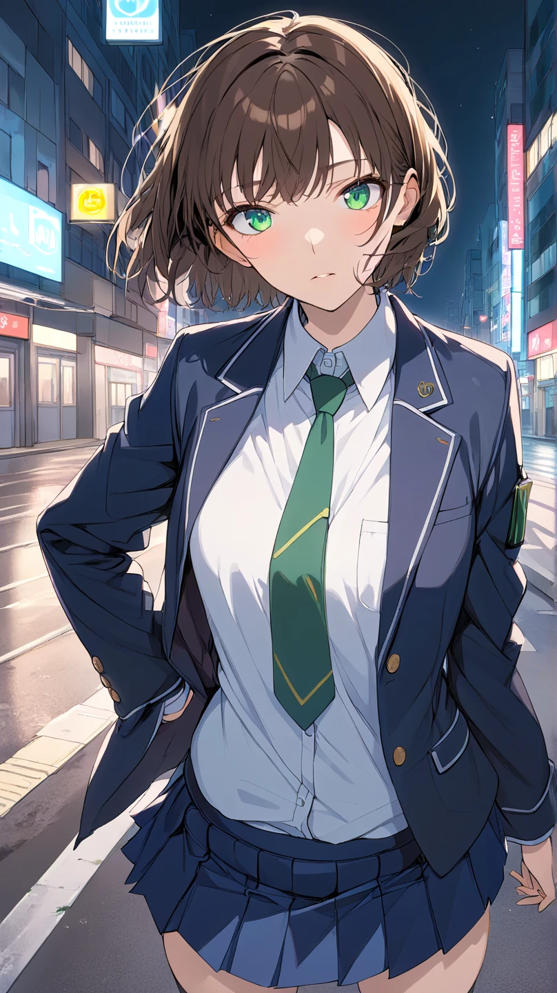  High Quality , 最 High Quality , masterpiece,  high definition ,
In the city,
((1 girl,Alone, yag,Front View, girl,))
,Brown Hair,  green eyes,  short hair,  jacket,  skirt,  shirt,  Long Sleeve ,  school uniform,  jacket, white  shirt, pleated  skirt,  ties, collared  shirt, mini skirt, blue  skirt,  blazer, blue  jacket, green  ties, 
