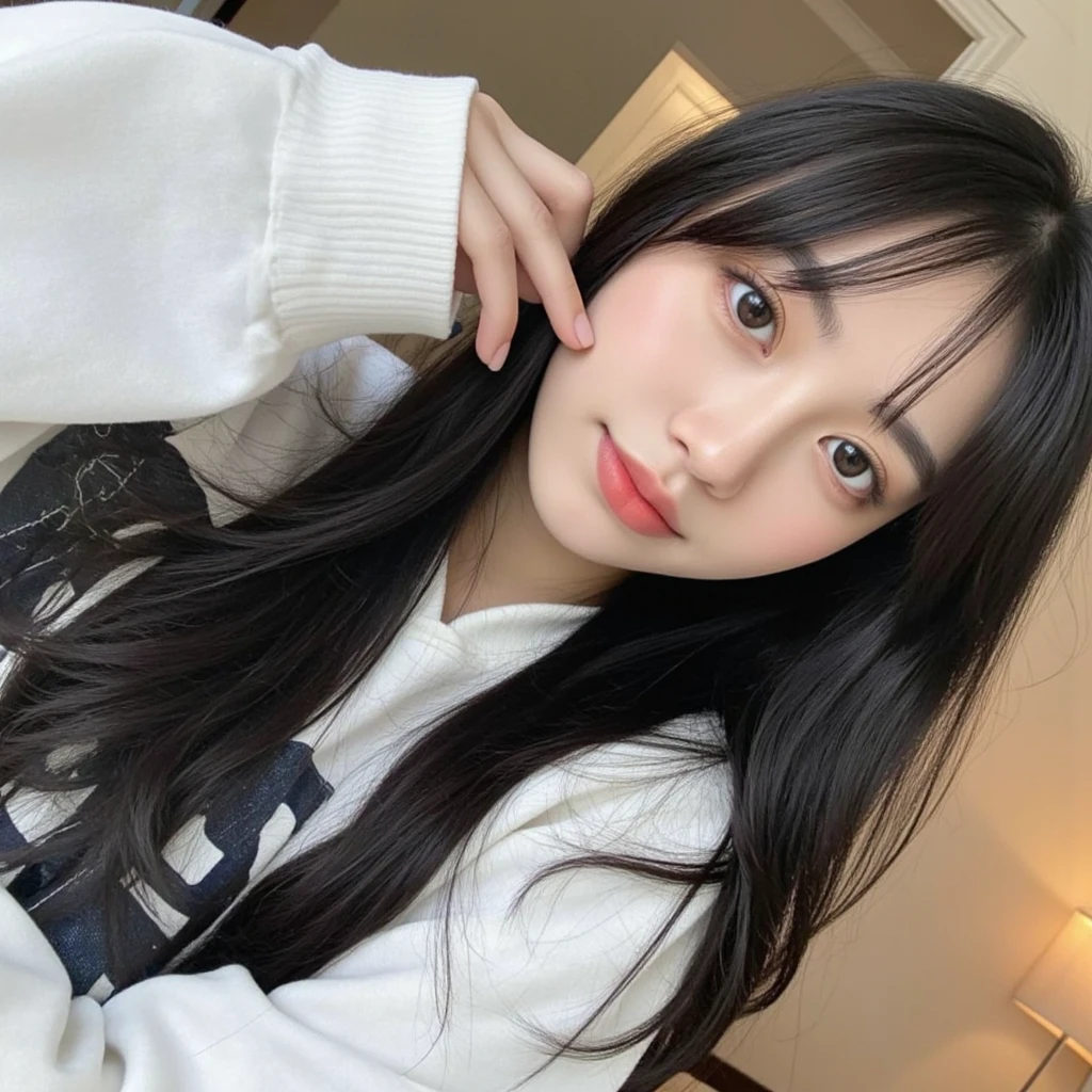 highest quality, Realistic, Very detailed, Finer details, High resolution, 8k wallpaper, One beautiful woman Standing in the house:1.3(white wall background), smile, Oversized hoodie, Skinny jeans, Black Hair, Beautiful Bangs, Perfect dynamic composition, Beautiful and detailed, A big smile waiting to start. Selfie shot.