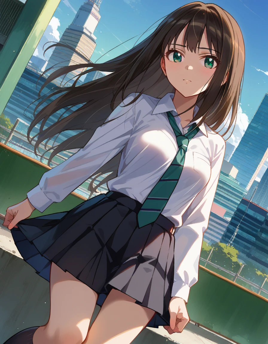   Ultra Realistic Photo   、   RAW photos  、   realism  、   3d rendering 、 Unity Engine 、BRASK ( one girl ,yo,rinshibuya , Rin Shibuya,   black hair,   green eyes,   long hair,medium breasts:1.2,black   skirt, black socks, collared   shirt, green  Thailand,  Knee-length,   Long Sleeve  , mini  skirt,  Thailand, pleated   skirt,   school uniform,   shirt,   skirt, socks,  stripe ,  stripe   Thailand, white   shirt,  Wings color  ),break アウトドア, cityscape,  viewers,   Dutch Angle, bust up、breasts focus, break ()