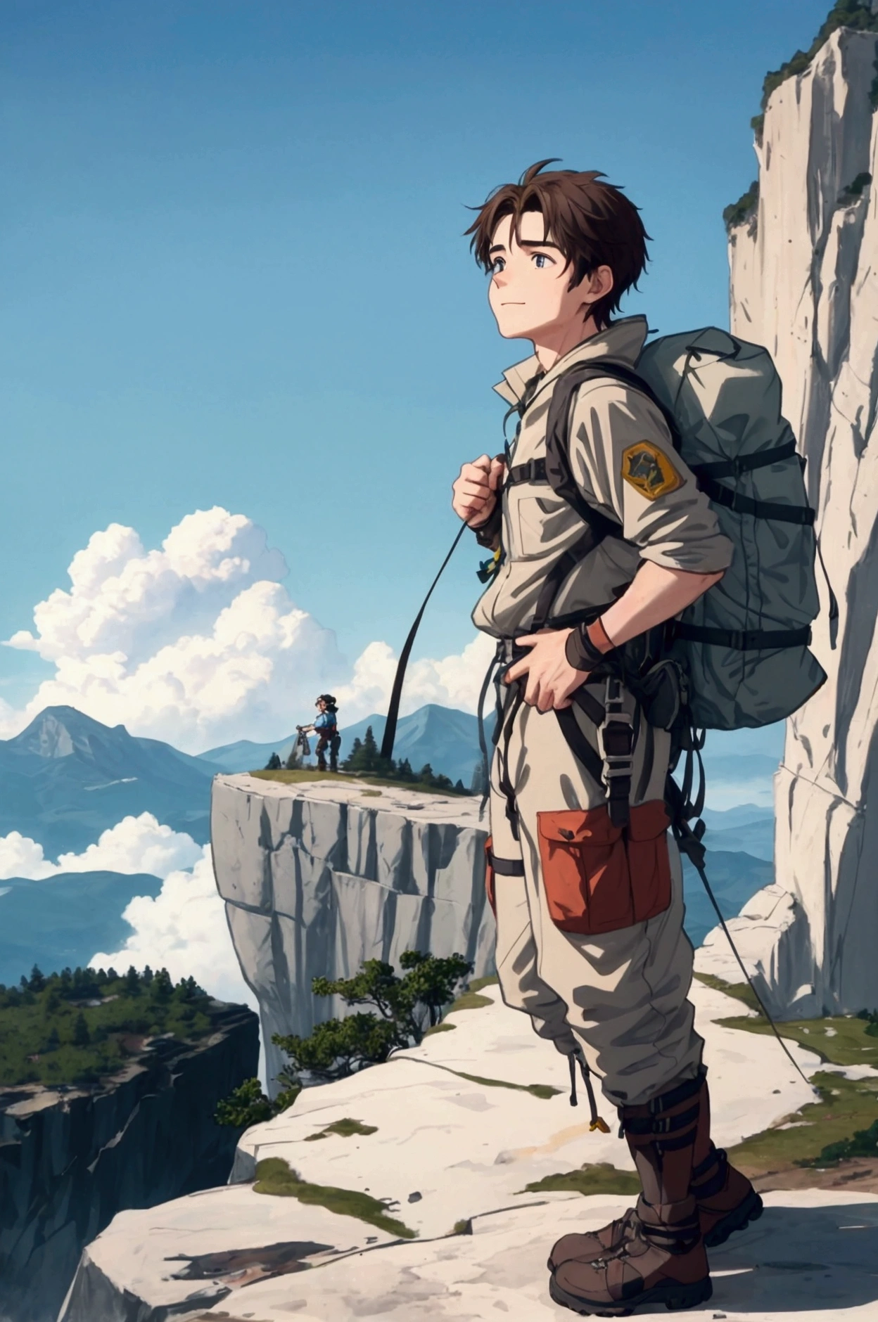 "Mike, a 16-year-old boy with an adventurous spirit, stands at the base of a rugged mountain, preparing for his next climb. He has a lean, athletic build, with messy brown hair and a determined expression. Mike wears a worn backpack, a climbing harness, and sturdy hiking boots. The scene captures him looking up at the mountain's challenging cliffs, his eyes filled with excitement and focus. The environment features towering rock faces, scattered greenery, and a clear blue sky overhead. In the background, faint trails and distant peaks suggest Mike’s passion for exploring new heights and conquering nature’s challenges."