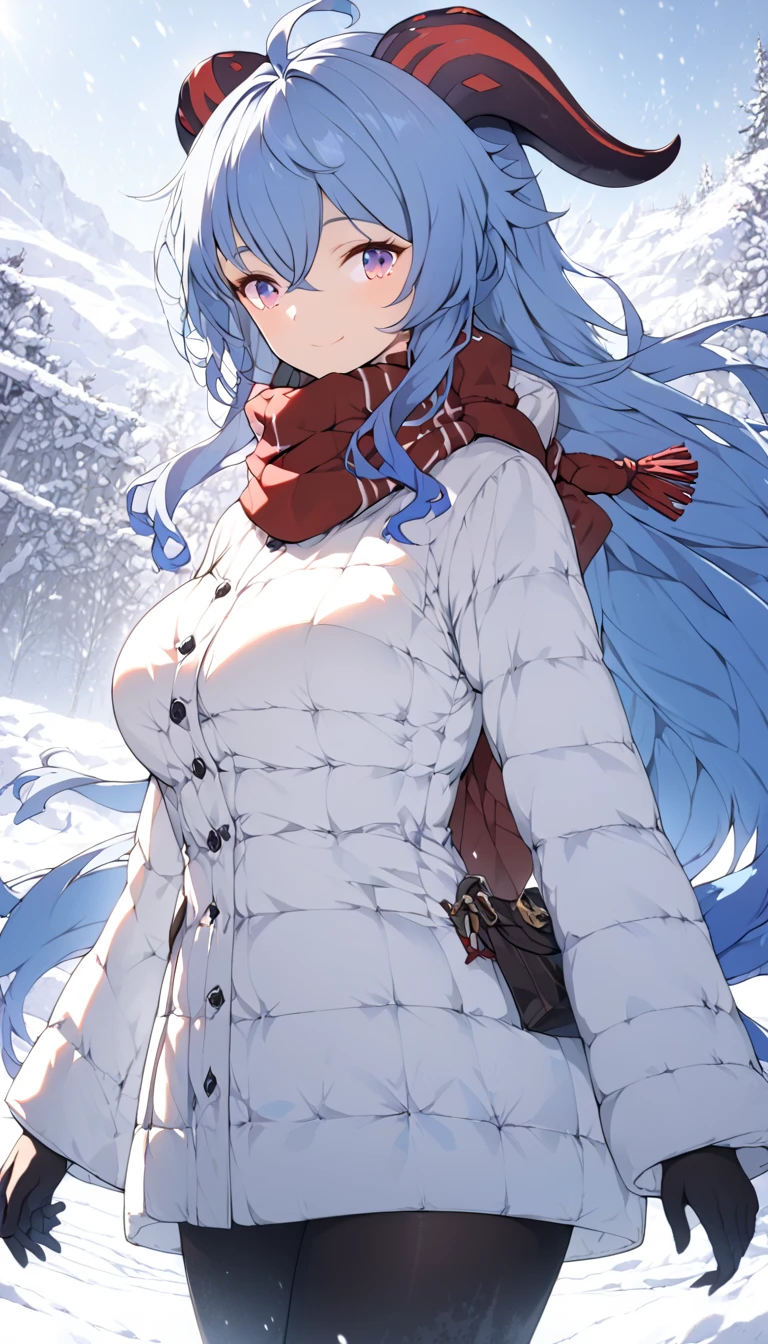 A woman wearing a warm, cozy winter coat, a thick knitted scarf wrapped around her neck, red scarf, black boots, black tight pants ,snow-covered landscape in the background, soft lighting, highly detailed, cinematic, dramatic lighting, vibrant colors, volumetric lighting, atmospheric perspective, intricate textures, dramatic pose, high-end fashion editorial, physically-based rendering, extreme detail description, vivid colors, oft focus, depth of field, atmospheric, ganyu, blue hair, goat horns, horns, long hair, purple eyes, sidelocks, big breasts, full body, whole body ,skin pores, score_9, score_8_up, score_7_up, (sfw), (cowboy shot, dutch angle:1.2), 1girl, solo, mature female, whole body shot ,1girl, solo, mature female, smiling, closed mouth ,1girl, solo, mature female, (negative_v2 Color_Balance_Calibration:0.8), Stable_Yogis_Animetoon_Negatives, negativeXL_D, aidxlv05_neg