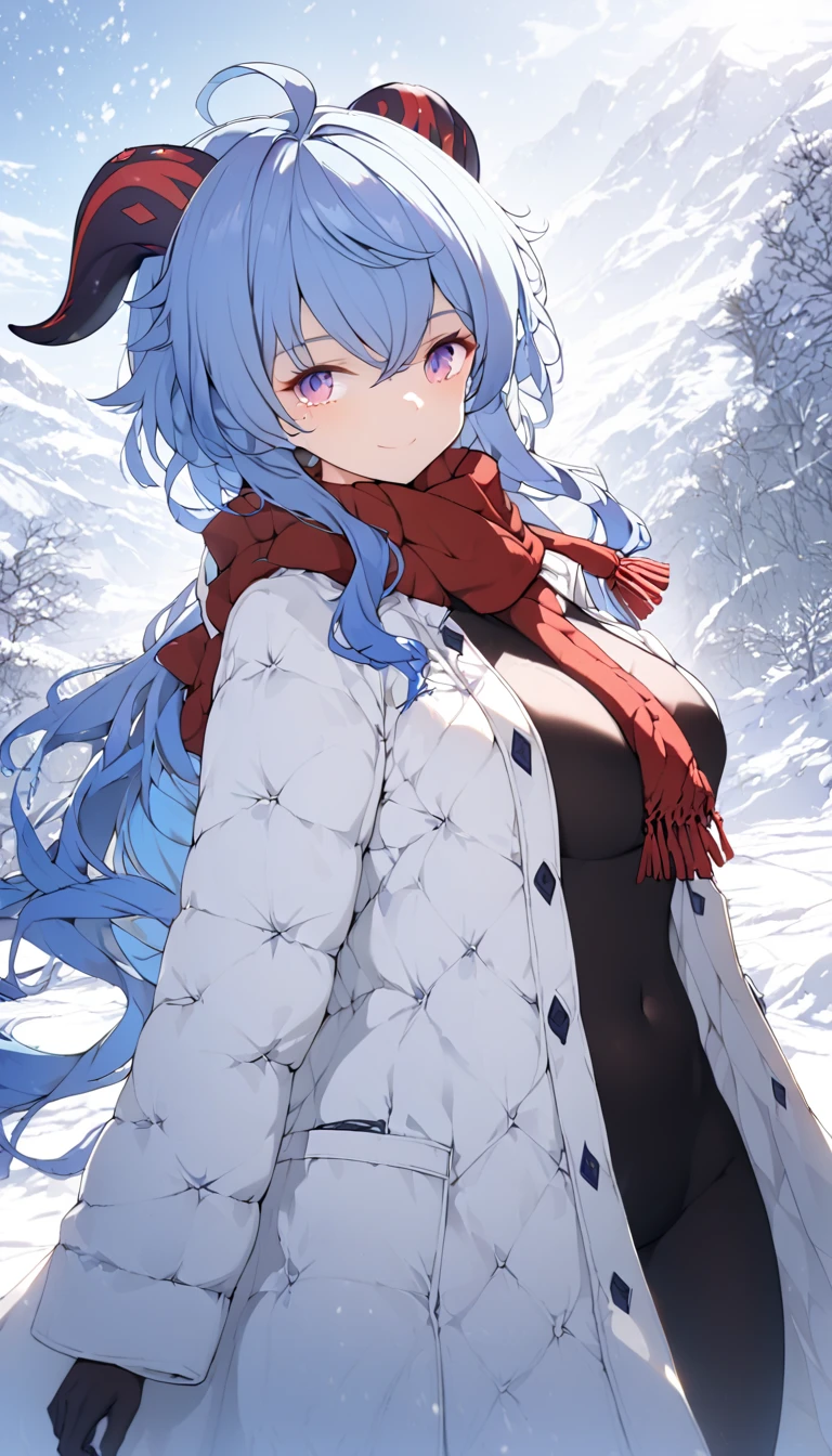 A woman wearing a warm, cozy winter coat, a thick knitted scarf wrapped around her neck, red scarf, black boots, black tight pants ,snow-covered landscape in the background, soft lighting, highly detailed, cinematic, dramatic lighting, vibrant colors, volumetric lighting, atmospheric perspective, intricate textures, dramatic pose, high-end fashion editorial, physically-based rendering, extreme detail description, vivid colors, oft focus, depth of field, atmospheric, ganyu, blue hair, goat horns, horns, long hair, purple eyes, sidelocks, big breasts, full body, whole body ,skin pores, score_9, score_8_up, score_7_up, (sfw), (cowboy shot, dutch angle:1.2), 1girl, solo, mature female, whole body shot ,1girl, solo, mature female, smiling, closed mouth ,1girl, solo, mature female, (negative_v2 Color_Balance_Calibration:0.8), Stable_Yogis_Animetoon_Negatives, negativeXL_D, aidxlv05_neg