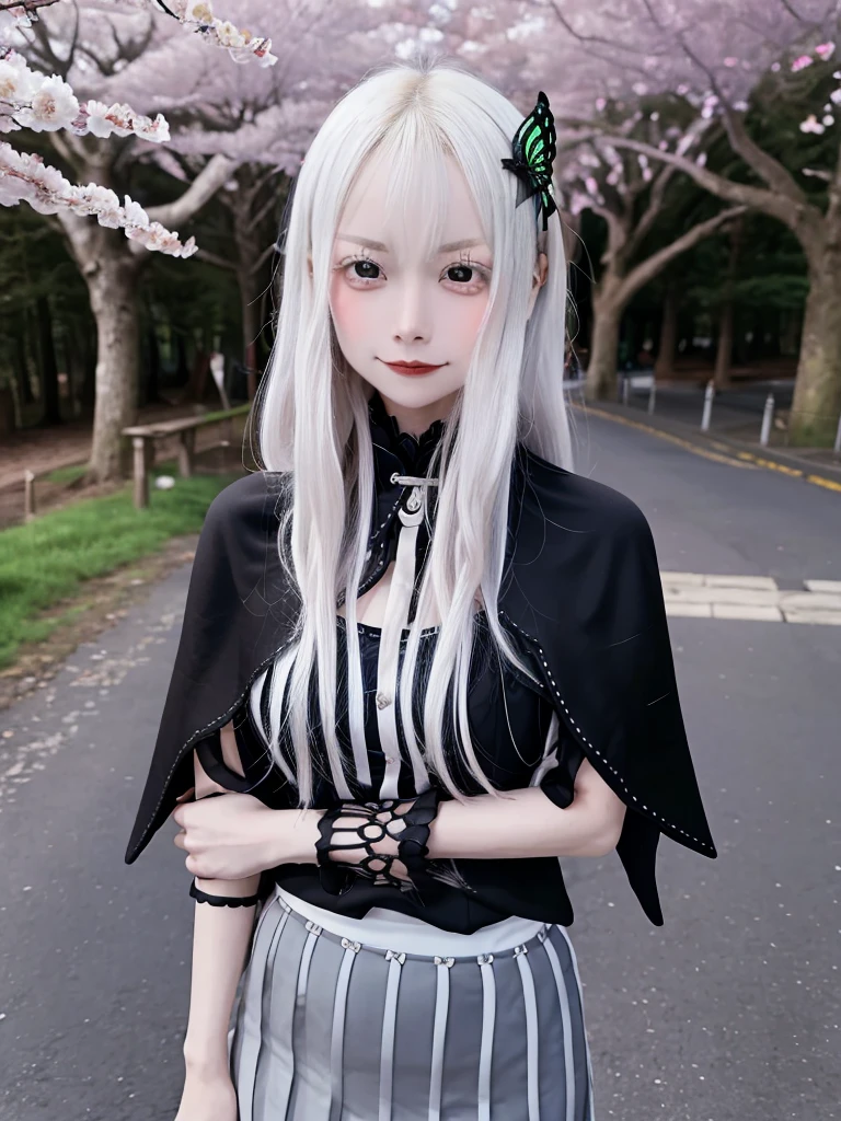 masterpiece,  top quality ,  high definition , ,  long hair, White Hair,  hair accessories ,  brown eyes, chest, The black capelet ,  long dress ,   black dress,  Long Sleeve ,  vertical stripes, smile,   open mouse ,  standing with different breasts ,  cowboy shot,  in,  bend your back,  outdoors on the street at night, cherry blossoms,  turn your arms around your back ,, realistic , masterpiece,  top quality , 最 high definition , 細部まinこだわった,  soft light during the cruise,  professional lighting,  backlight,  Film Grain,  The Background Is Blurry ,  Japanese  , ( subject was taken from an oblique view, The subject is not looking at the camera:1.3), ,  upper body photo,  looks sleepy, absent-minded,  grin ,  Open Your Mouth , Beautiful and detailed eye drawing, (Droopy eyes:1.3),  dark eyes,  thin eyebrows, Draw eyelashes carefully, Eyelash extensions,  gal makeup, Orange Cheeks, ( hidden eyelid crease slightly to the side:1.3), (Gothic Summer School Uniform:1.3), (Summer Forest:1.3)