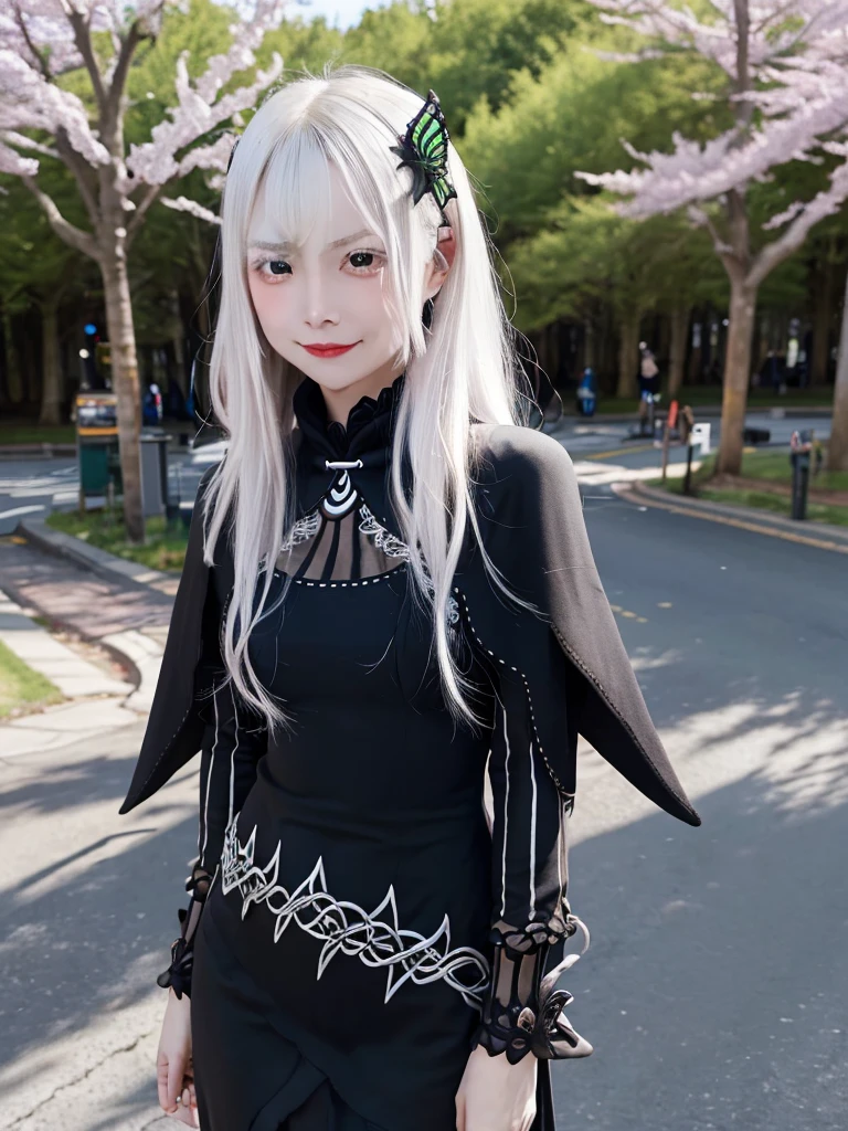 masterpiece,  top quality ,  high definition , ,  long hair, White Hair,  hair accessories ,  brown eyes, chest, The black capelet ,  long dress ,   black dress,  Long Sleeve ,  vertical stripes, smile,   open mouse ,  standing with different breasts ,  cowboy shot,  in,  bend your back,  outdoors on the street at night, cherry blossoms,  turn your arms around your back ,, realistic , masterpiece,  top quality , 最 high definition , 細部まinこだわった,  soft light during the cruise,  professional lighting,  backlight,  Film Grain,  The Background Is Blurry ,  Japanese  , ( subject was taken from an oblique view, The subject is not looking at the camera:1.3), ,  upper body photo,  looks sleepy, absent-minded,  grin ,  Open Your Mouth , Beautiful and detailed eye drawing, (Droopy eyes:1.3),  dark eyes,  thin eyebrows, Draw eyelashes carefully, Eyelash extensions,  gal makeup, Orange Cheeks, ( hidden eyelid crease slightly to the side:1.3), (Gothic Summer School Uniform:1.3), (Summer Forest:1.3)