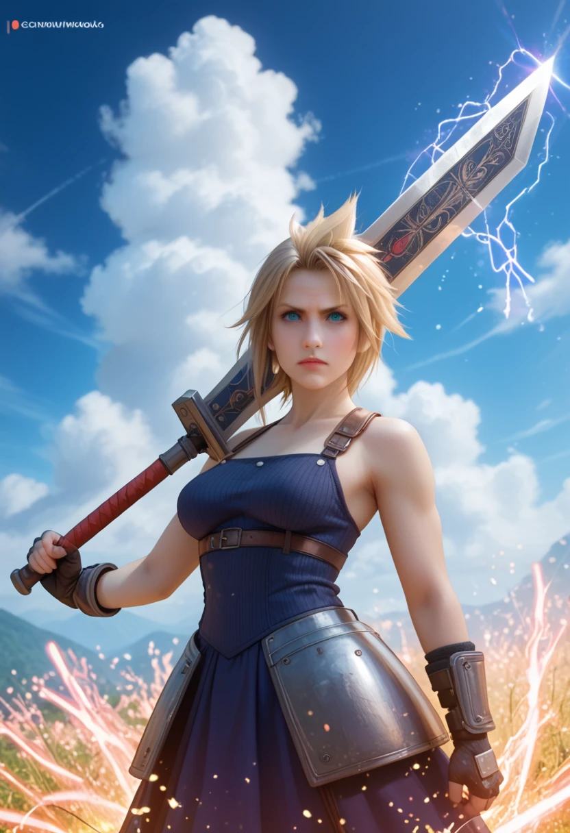 (1 girl), (masterpiece, best quality), cloud strife performing omnislash holding his buster sword, fighting stance, limit break, night time, particle effects, ray tracing, v-tracing, path tracing, extreme detailed face, covered breasts, final fantasy vii, determined expression, fully clothed, 
(), large forehead, large dark eyebrows, large nose, wide chin, 
(Breasts covering entire torso), 
normalized chounyuu, ((safe for work:1.3), ((medium breasts)),  by norman rockwell, sagging breasts, intricate details, breasts falling to side, squashed breasts, natural breasts, visiosomni, holding_sword