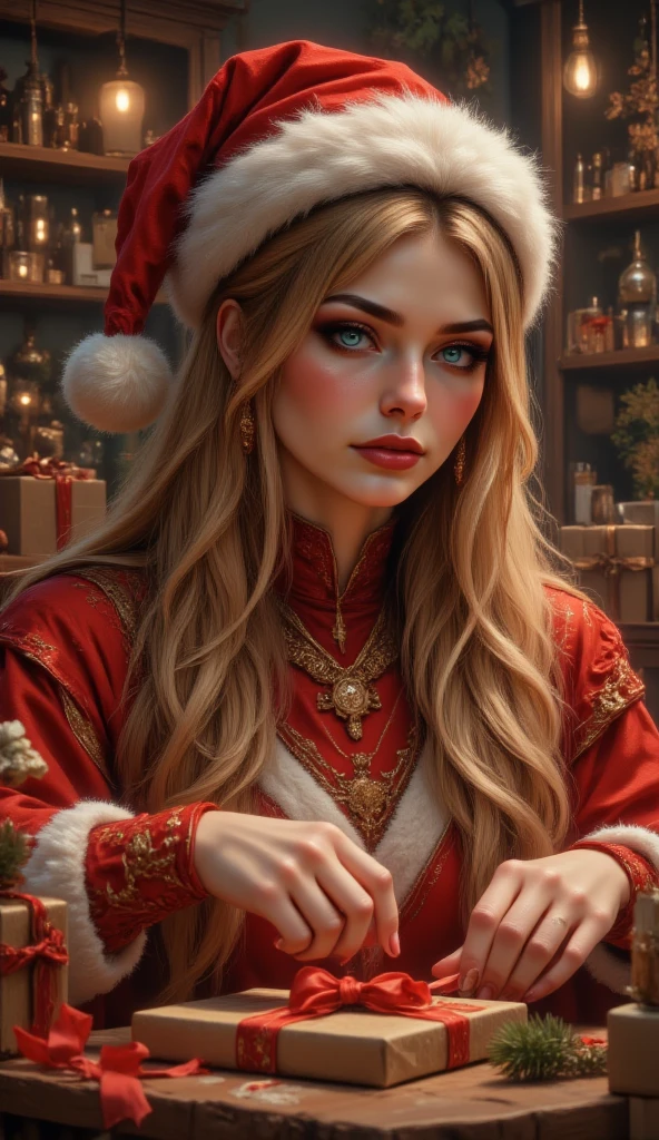 masterpiece, 8k, HDR, 3 D, best quality, photography, analog style, real life, extremely beautiful, (highly detailed, intricately detailed), A picture of (1female), long straight blonde hair, blue eyes, mascara, bright red lips, dressed as Santa Claus, looking at viewer, with eyes full of excitement, carefully choosing different ribbons to decorate the Christmas gifts she is preparing. Each ribbon adds a special and unique touch to each package, transforming simple boxes into works of art full of love and care. The store is filled with the scent of pine and cinnamon, creating a perfect atmosphere of warmth and creativity.