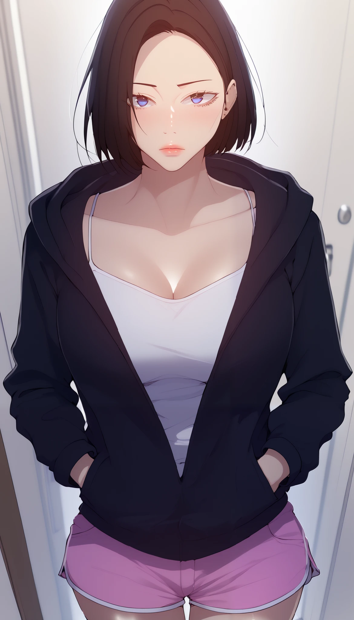 (masterpiece, best_quality:1.2), 1girl, solo, scdef, Cha Soo Ah, short hair, black hair, brown hair, blue eyes, purple eyes, (forehead:0.8), (hoodie jacket, black jacket, long sleeves, white camisole, pink shorts, short shorts, dophin shorts), large breast, wide hips, beautiful eyes, female focus, looking at viewer, close mouth, ((above view)) ((close up shot)) ((solo)), hands in pockets, detailed, very high resolution, no blurry image, standing, beautiful, serene expression, intricate details, detailed background, indoors:1.3