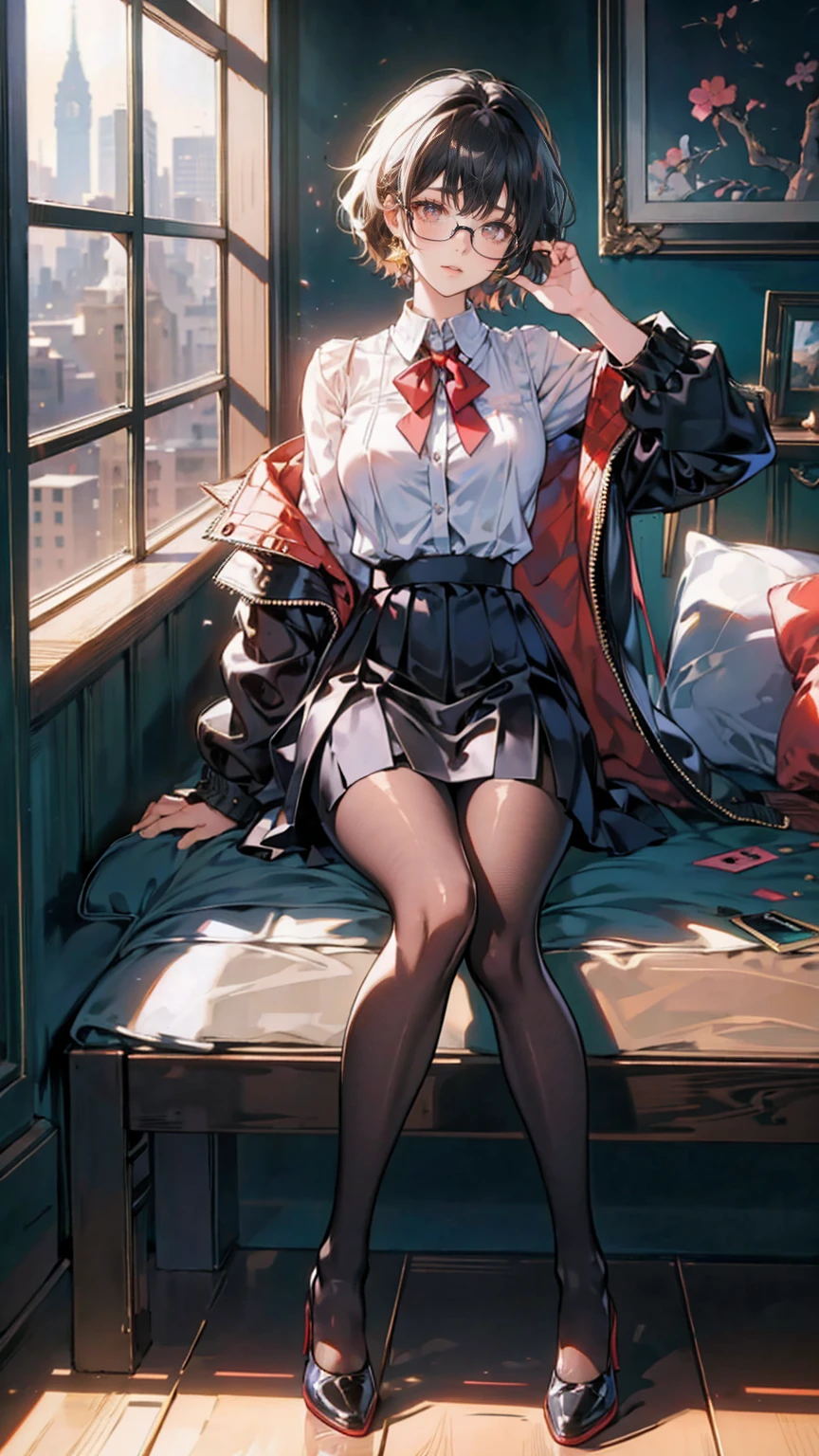 an anime girl with glass and a  skirt sits on ground and poses,  One Girl , Alone,  skirt,  has ,  shirt, white  shirt,  pantyhose,  red eyes, glass,  black hair, shoes, red  skirt, Check pattern  skirt,  show viewers, Open the clothes, Check pattern, collared  shirt, ,  Long Sleeve , Shut up,  sitting, black  pantyhose, indoor, bangs,  short hair,  Black Eyewear,  brown jacket,  off shoulder,Add XL
