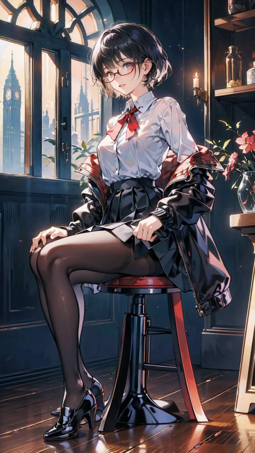 an anime girl with glass and a  skirt sits on ground and poses,  One Girl , Alone,  skirt,  has ,  shirt, white  shirt,  pantyhose,  red eyes, glass,  black hair, shoes, red  skirt, Check pattern  skirt,  show viewers, Open the clothes, Check pattern, collared  shirt, ,  Long Sleeve , Shut up,  sitting, black  pantyhose, indoor, bangs,  short hair,  Black Eyewear,  brown jacket,  off shoulder,Add XL
