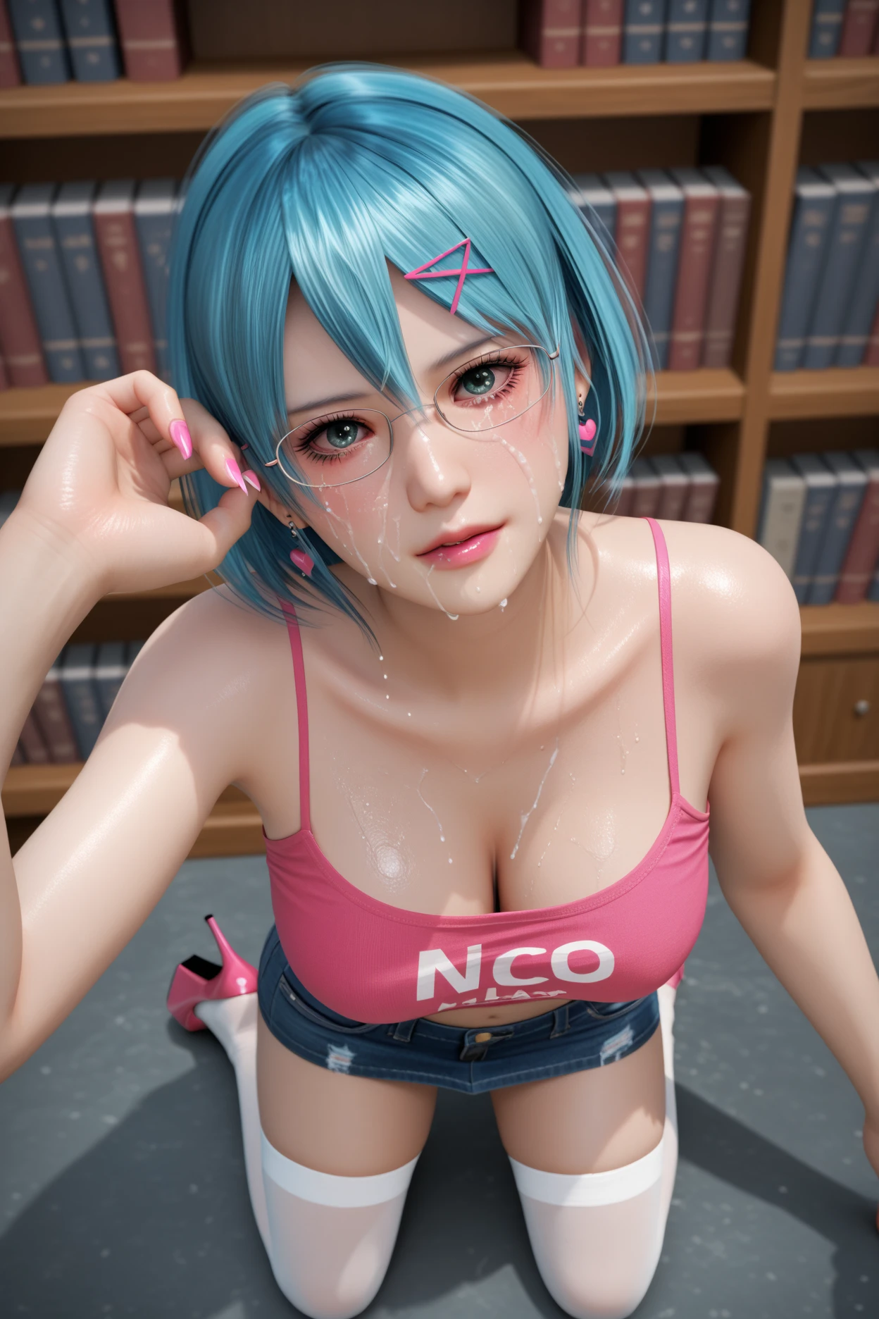 nico, score_9, score_8_up, score_7_up, zPDXL3, (nico looks like in Dead or Aive saga), (beautiful makeup), (perfect large breasts), (wet face), (pink one-shoulder translarent crop top with very deep decolte, denim micro skirt, pink laced thong, white stockings, pink platform high heels, earrings, glasses, pink square long nails), (sexy), (nico is in the library), (nico is on her knees), (I'm cumming on her face and holding her head by my hand), (nico is crying a lot, her mascara is running down from eyes over her cheeks a lot, her cheeks are blushed)), (a lot of drops of white milk on her face and breasts, a lot of white milk is pouring out of her mouth), (POV from above, zoom on face and breasts)