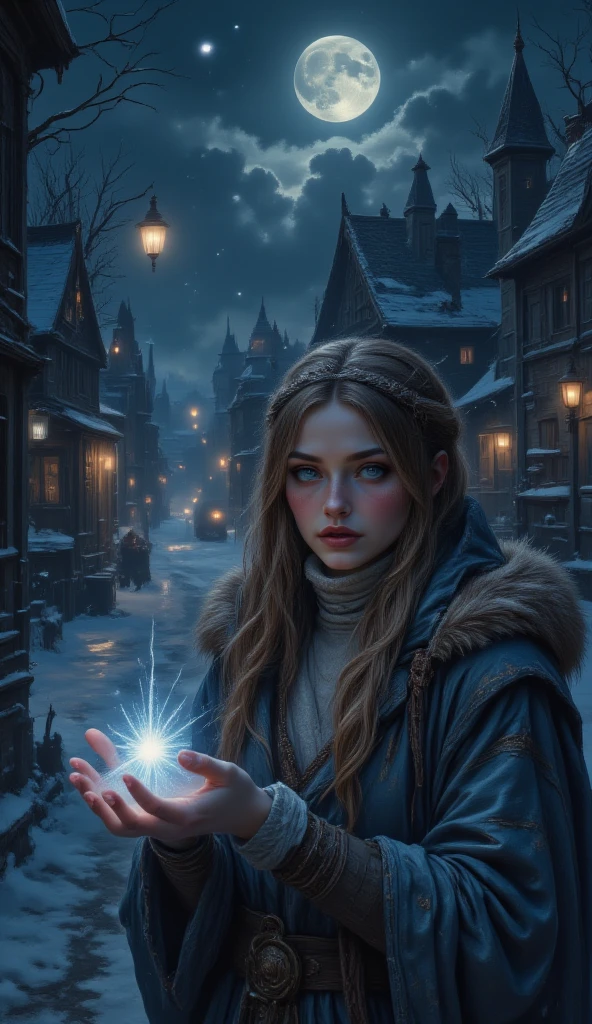 masterpiece, 8k, HDR, 3 D, best quality, photography, analog style, real life, extremely beautiful, (highly detailed, intricately detailed), A picture of a  holding a snowflake in her hand on a winter night in a small picturesque town, where the street lights are reflected in the snow and the freshly fallen snowflakes. The temperature is cold, but the air is fresh and clean.