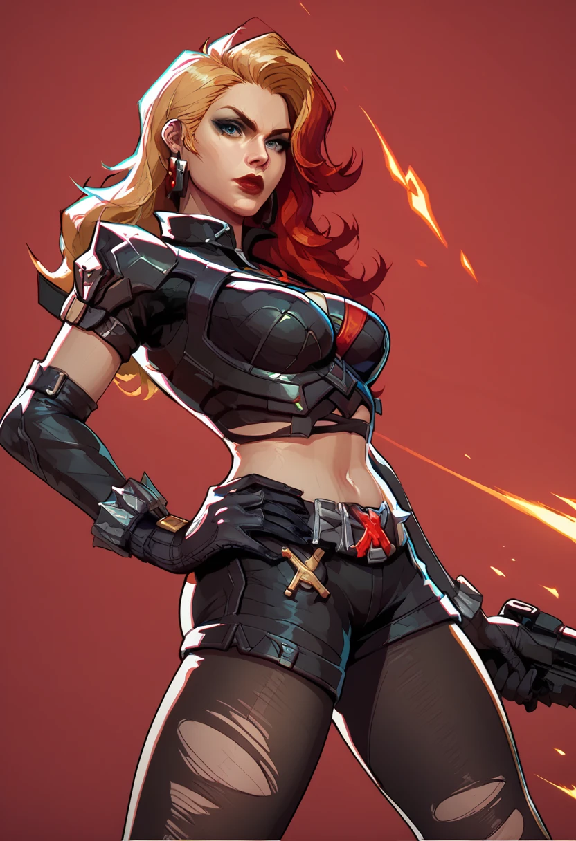 score_9, score_8_up, score_7_up, score_6_up, expressiveh, magik_rivals, 1girl, solo, cowboy shot, blonde hair, long hair, hair accessory, eyeliner, blue eyes, earrings, cropped bodysuit, black bodysuit, armor, belt, gloves, black gloves, black clothes, pauldrons, midriff, navel, short shorts, yellow details, pantyhose, ripped pantyhose, spikes, holding sword, holding weapon, huge weapon, magik sword, glowing sword, yellow sword, weapon, posing, hand on hips, simple background, simple background, geometric shapes score_9, score_8_up, score_7_up, score_6_up, expressiveh, blackwidow_rivals, 1girl, solo, cowboy shot, red hair, asymmetrical hair, headset microphone, eyeliner, blue eyes, red lips, bodysuit, black bodysuit, gloves, black gloves, forearm guns, black clothes, red details, red glow, baton_(weapon), holding weapon, sniper rifle, holding sniper rifle, huge weapon, posing, hand on hips, red sparks, red background, geometric shapes, looking at viewer, geometric pattern on background
