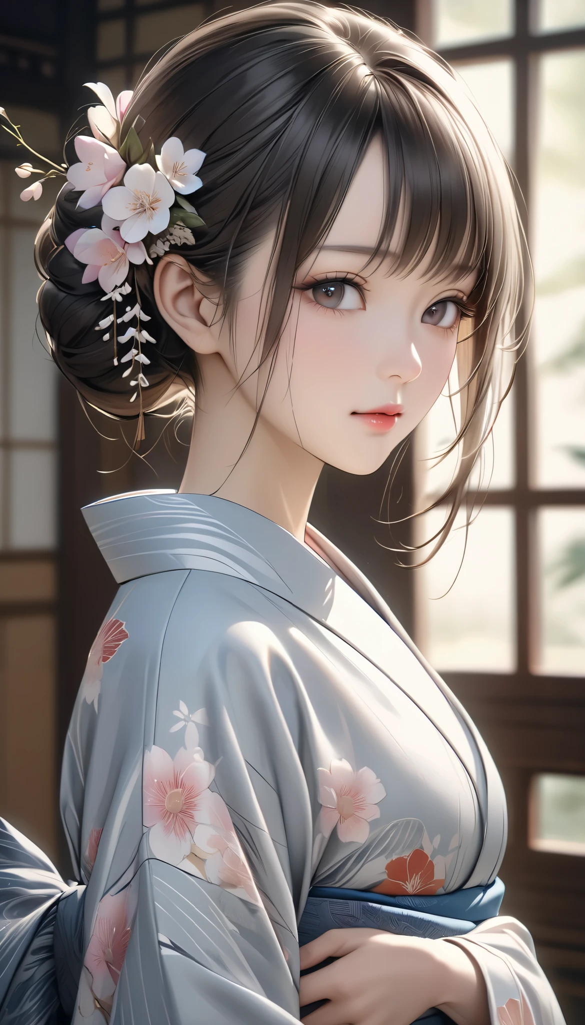 a beautiful japanese woman in a traditional yukata robe, serene and tranquil expression, graceful pose, elegant and refined, delicate and ethereal beauty, natural lighting, pastel colors, muted tones, soft focus, detailed portrait, highly realistic, photorealistic, 8k, hyper detailed, masterpiece