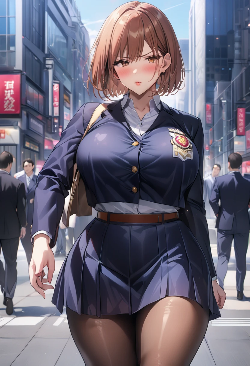     detailed face    ,     detailed body rendering   ,   Alone、  masterpiece ,     High Quality    , 8k,   is written by,    thigh thickness , shiny skin,SKINNING    ,{{{{{    game cg}}}}},, 最    High Quality    ,     High Quality   ,     very sophisticated ,In the city,Big Breasts, thick thighs, shiny skin,引き締まった体、 Nagasaki Wild Rose、 Nagasaki Wild Rose、 bob cut、 brown eyes、Brown Hair、　orange hair,lips、 short hair、Big Breasts、,  jacket、School uniform、 skirt、 pantyhose、blush, frowns