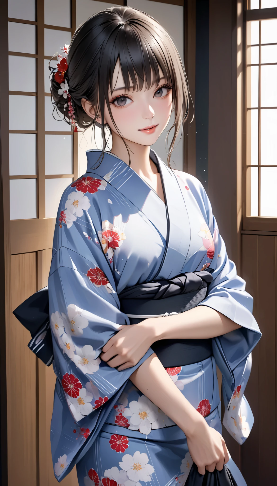 a beautiful japanese woman in a traditional yukata robe, serene and tranquil expression, graceful pose, elegant and refined, delicate and ethereal beauty, natural lighting, pastel colors, muted tones, soft focus, detailed portrait, highly realistic, photorealistic, 8k, hyper detailed, masterpiece