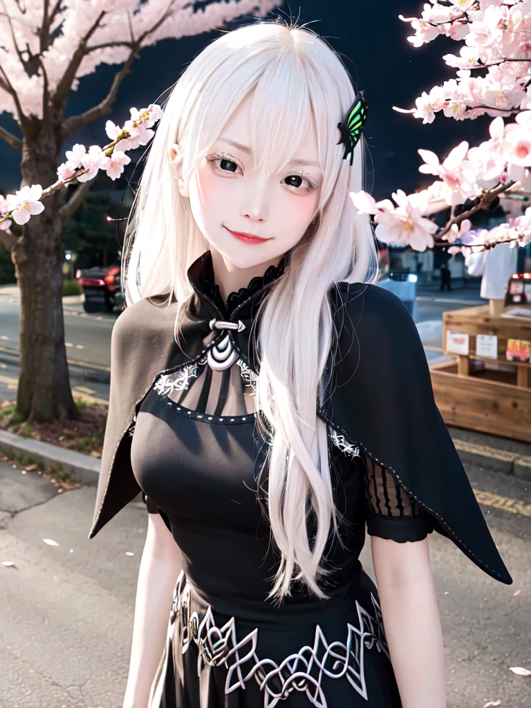 masterpiece,  top quality ,  high definition , ,  long hair, White Hair,  hair accessories ,  brown eyes, chest, The black capelet ,  long dress ,   black dress,  Long Sleeve ,  vertical stripes, smile,   open mouse ,  standing with different breasts ,  cowboy shot,  in,  bend your back,  outdoors on the street at night, cherry blossoms,  turn your arms around your back ,, realistic , masterpiece,  top quality , 最 high definition , 細部まinこだわった,  soft light during the cruise,  professional lighting,  backlight,  Film Grain,  The Background Is Blurry ,  Japanese  , ( subject was taken from an oblique view, The subject is not looking at the camera:1.3), ,  upper body photo,  looks sleepy, absent-minded,  grin ,  Open Your Mouth , Beautiful and detailed eye drawing, (Droopy eyes:1.3),  dark eyes,  thin eyebrows, Draw eyelashes carefully, Eyelash extensions,  gal makeup, Orange Cheeks, ( hidden eyelid crease slightly to the side:1.3), (Gothic Summer School Uniform:1.3), (Summer Forest:1.3)