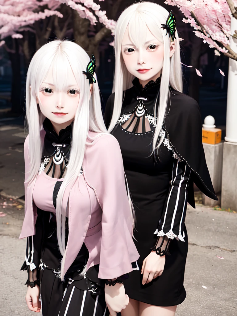 masterpiece,  top quality ,  high definition , ,  long hair, White Hair,  hair accessories ,  brown eyes, chest, The black capelet ,  long dress ,   black dress,  Long Sleeve ,  vertical stripes, smile,   open mouse ,  standing with different breasts ,  cowboy shot,  in,  bend your back,  outdoors on the street at night, cherry blossoms,  turn your arms around your back ,, realistic , masterpiece,  top quality , 最 high definition , 細部まinこだわった,  soft light during the cruise,  professional lighting,  backlight,  Film Grain,  The Background Is Blurry ,  Japanese  , ( subject was taken from an oblique view, The subject is not looking at the camera:1.3), ,  upper body photo,  looks sleepy, absent-minded,  grin ,  Open Your Mouth , Beautiful and detailed eye drawing, (Droopy eyes:1.3),  dark eyes,  thin eyebrows, Draw eyelashes carefully, Eyelash extensions,  gal makeup, Orange Cheeks, ( hidden eyelid crease slightly to the side:1.3), (Gothic Summer School Uniform:1.3), (Summer Forest:1.3)