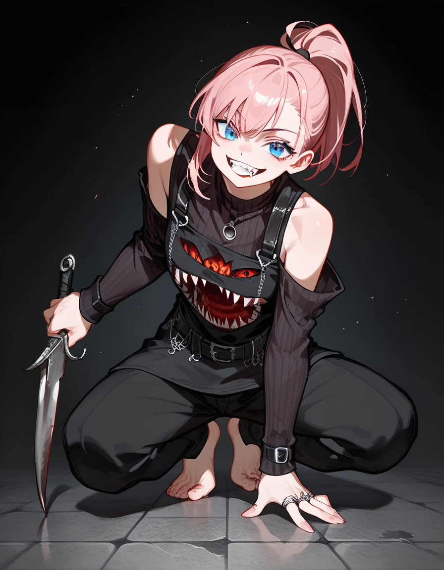 girl,Tan,Light pink hair,  in blue eyes , Small fangs , dark rings under the eyes,  3-sided ponytail , Killer shirt  ,Multiple belts  , Medium chest, , square sleeves  ,หน้าMedium chest,cool,, curving, shrinking,Scary smile,Tanned,Curved, shortened black back theme ,Holding a dagger, Black Pants, Double Shoulder Blouse,Black Knife ,Squat,Embroidered Floor 