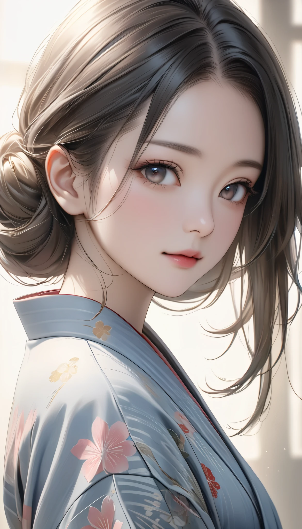 a beautiful japanese woman in a traditional yukata robe, serene and tranquil expression, graceful pose, elegant and refined, delicate and ethereal beauty, natural lighting, pastel colors, muted tones, soft focus, detailed portrait, highly realistic, photorealistic, 8k, hyper detailed, masterpiece