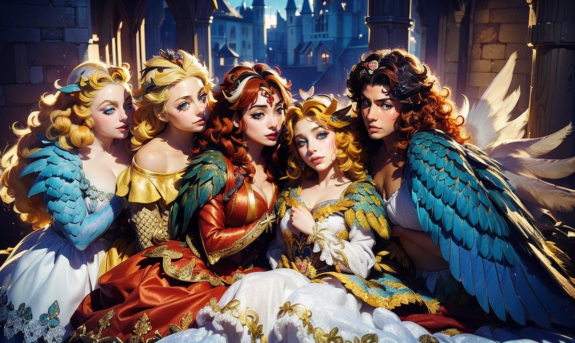 fantasy setting. close up. standing bunched in together in the middle of the picture. ((2 unique lovely harpy princesses:1.5)), unique personalities, ((unique expression on face:1.5)), (((unique natural hair colored:1.5))), ((red hair)), ((blond hair)), ((black hair)), ((brown hair)), (((unique natural eye color:1.5))), ((busty:1.5)), wearing elaborate tasteful flowing floral gowns, ((looking straight at the camera:1.5)), ((dark wings)), pretty castle ruins background.