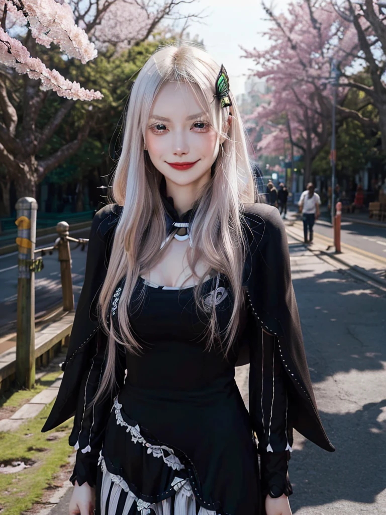 masterpiece,  top quality ,  high definition , ,  long hair, White Hair,  hair accessories ,  brown eyes, chest, The black capelet ,  long dress ,   black dress,  Long Sleeve ,  vertical stripes, smile,   open mouse ,  standing with different breasts ,  cowboy shot,  in,  bend your back,  outdoors on the street at night, cherry blossoms,  turn your arms around your back ,, realistic , masterpiece,  top quality , 最 high definition , 細部まinこだわった,  soft light during the cruise,  professional lighting,  backlight,  Film Grain,  The Background Is Blurry ,  Japanese  , ( subject was taken from an oblique view, The subject is not looking at the camera:1.3), ,  upper body photo,  looks sleepy, absent-minded,  grin ,  Open Your Mouth , Beautiful and detailed eye drawing, (Droopy eyes:1.3),  dark eyes,  thin eyebrows, Draw eyelashes carefully, Eyelash extensions,  gal makeup, Orange Cheeks, ( hidden eyelid crease slightly to the side:1.3), (Gothic Summer School Uniform:1.3), (Summer Forest:1.3)