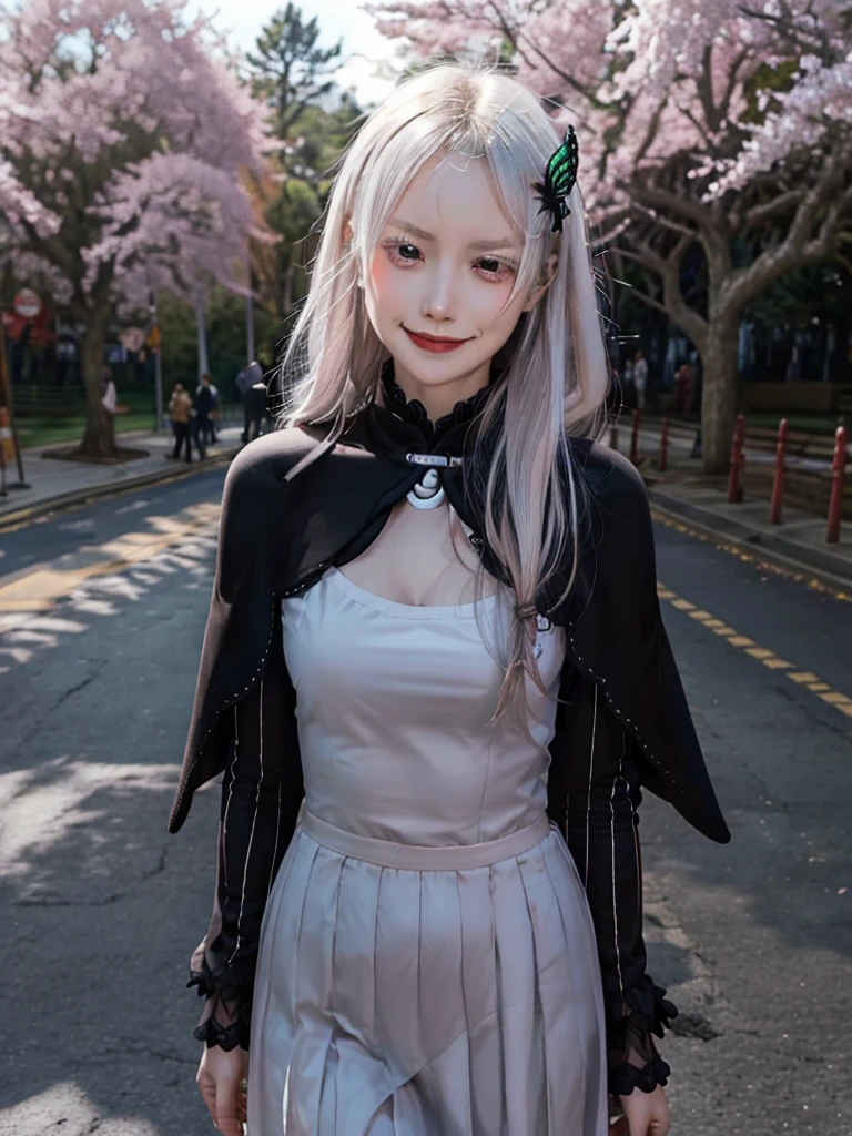 masterpiece,  top quality ,  high definition , ,  long hair, White Hair,  hair accessories ,  brown eyes, chest, The black capelet ,  long dress ,   black dress,  Long Sleeve ,  vertical stripes, smile,   open mouse ,  standing with different breasts ,  cowboy shot,  in,  bend your back,  outdoors on the street at night, cherry blossoms,  turn your arms around your back ,, realistic , masterpiece,  top quality , 最 high definition , 細部まinこだわった,  soft light during the cruise,  professional lighting,  backlight,  Film Grain,  The Background Is Blurry ,  Japanese  , ( subject was taken from an oblique view, The subject is not looking at the camera:1.3), ,  upper body photo,  looks sleepy, absent-minded,  grin ,  Open Your Mouth , Beautiful and detailed eye drawing, (Droopy eyes:1.3),  dark eyes,  thin eyebrows, Draw eyelashes carefully, Eyelash extensions,  gal makeup, Orange Cheeks, ( hidden eyelid crease slightly to the side:1.3), (Gothic Summer School Uniform:1.3), (Summer Forest:1.3)