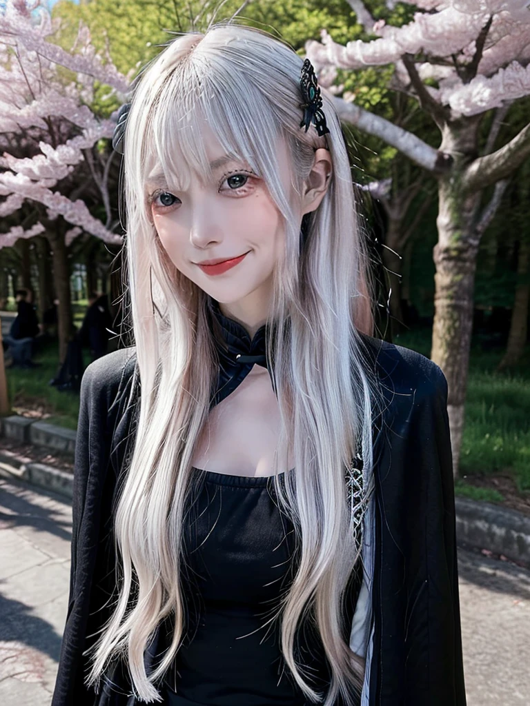 masterpiece,  top quality ,  high definition , ,  long hair, White Hair,  hair accessories ,  brown eyes, chest, The black capelet ,  long dress ,   black dress,  Long Sleeve ,  vertical stripes, smile,   open mouse ,  standing with different breasts ,  cowboy shot,  in,  bend your back,  outdoors on the street at night, cherry blossoms,  turn your arms around your back ,, realistic , masterpiece,  top quality , 最 high definition , 細部まinこだわった,  soft light during the cruise,  professional lighting,  backlight,  Film Grain,  The Background Is Blurry ,  Japanese  , ( subject was taken from an oblique view, The subject is not looking at the camera:1.3), ,  upper body photo,  looks sleepy, absent-minded,  grin ,  Open Your Mouth , Beautiful and detailed eye drawing, (Droopy eyes:1.3),  dark eyes,  thin eyebrows, Draw eyelashes carefully, Eyelash extensions,  gal makeup, Orange Cheeks, ( hidden eyelid crease slightly to the side:1.3), (Gothic Summer School Uniform:1.3), (Summer Forest:1.3)